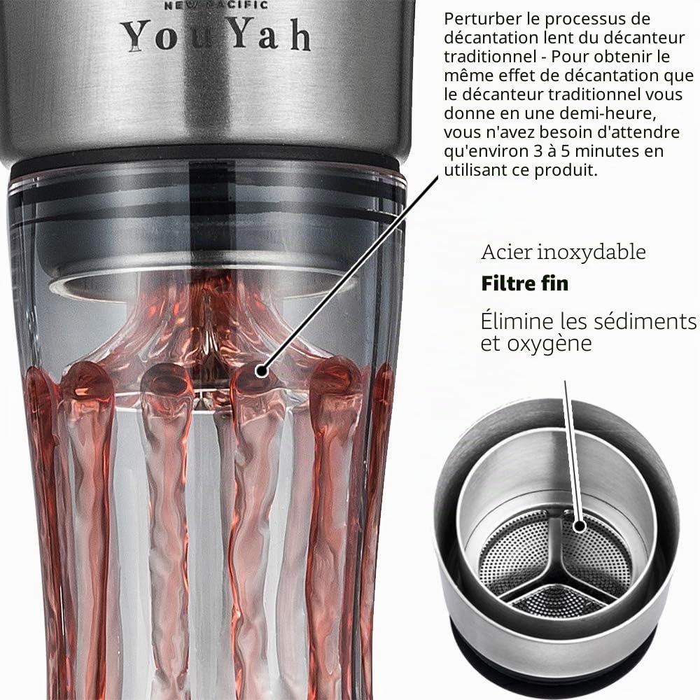 NEW PACIFIC YOUYAH Carafe à Décanter le Vin Rouge avec Aérateur & Filtre Intégrés, Cadeau, Verre de Cristal Sans Plomb 100% Soufflé à la Main, Accessoires