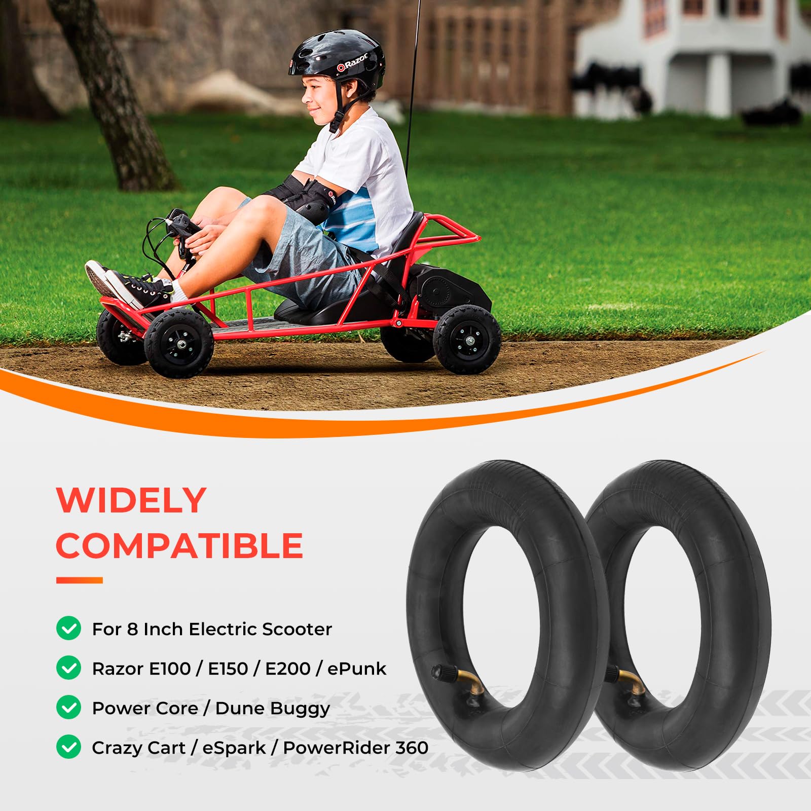 (2 Pack) 200x50 Scooter Tire Tube, 8 Inch 8’’x2’’ Tire Tube, Bend Valve, Inner Tube Scooter for Razor E100, E150, E200, Power Core Dune Buggy, ePunk, Crazy Cart, eSpark, PowerRider 360 Scooters