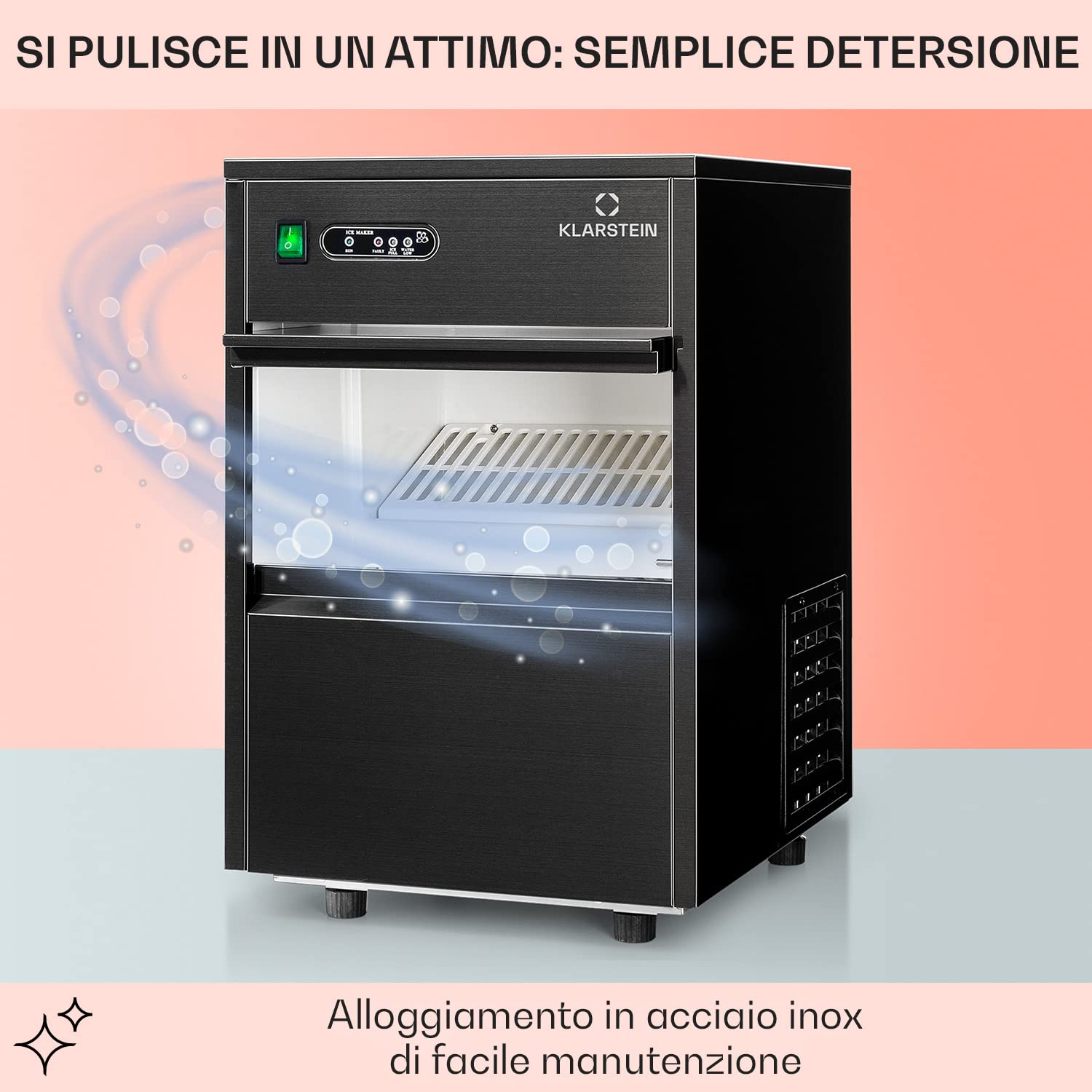 Klarstein Powericer Macchina Ghiaccio Casa 145W, Professionale, Fabbricatore Ghiaccio Secco fino a 20kg, Cubetti di Grandi e Piccole Dimensioni, Serbatoio 3.5kg
