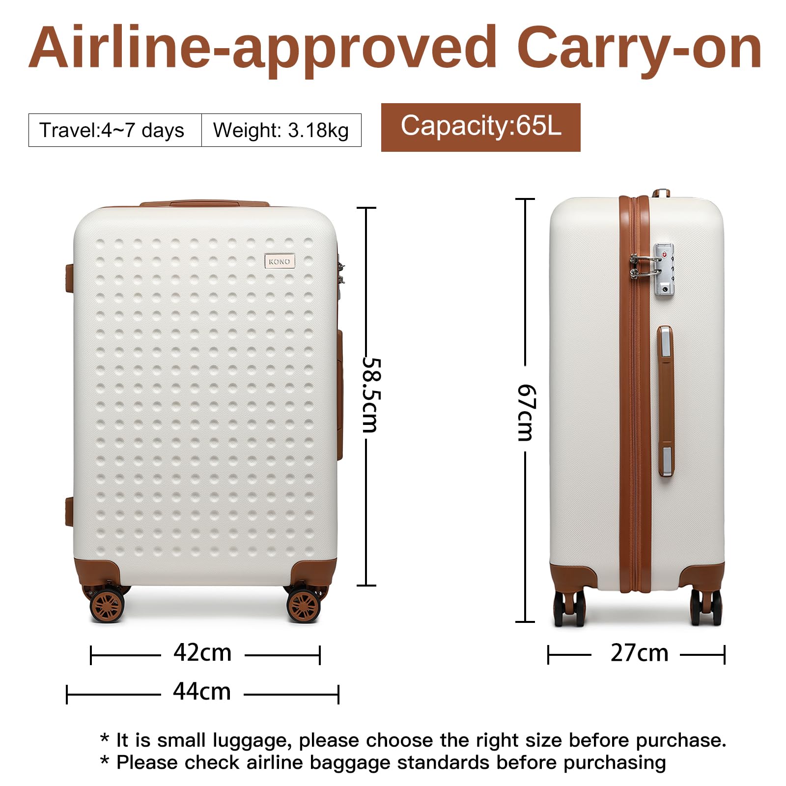 Kono Valigia Media da 67cm Trolley Bagaglio Rigida e Leggero Valigie con TSA Lucchetto e 4 Ruote Girevoli (Bianco)