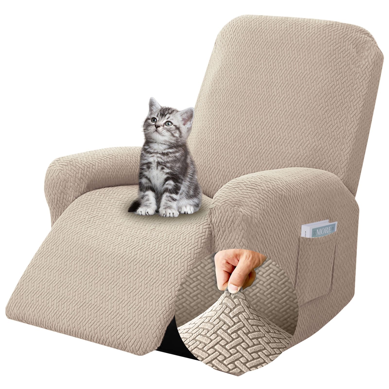 Chingcoo 4-delige stoelhoes, all-inclusive stoelbeschermer voor relaxstoel, stoelbeschermer voor televisiefauteuil, complete stoelhoes, stretch stoelhoes met zakken (taupe