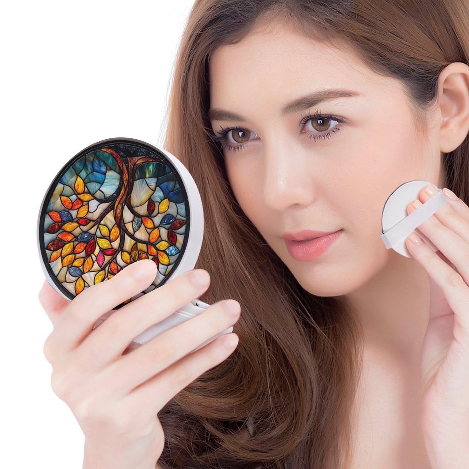 Hayyett Colorful Tree of Life Stained Glass Air Cushion Puff Box Portable Cosmetic Makeup Case Container,Loose Powder Foundation Container