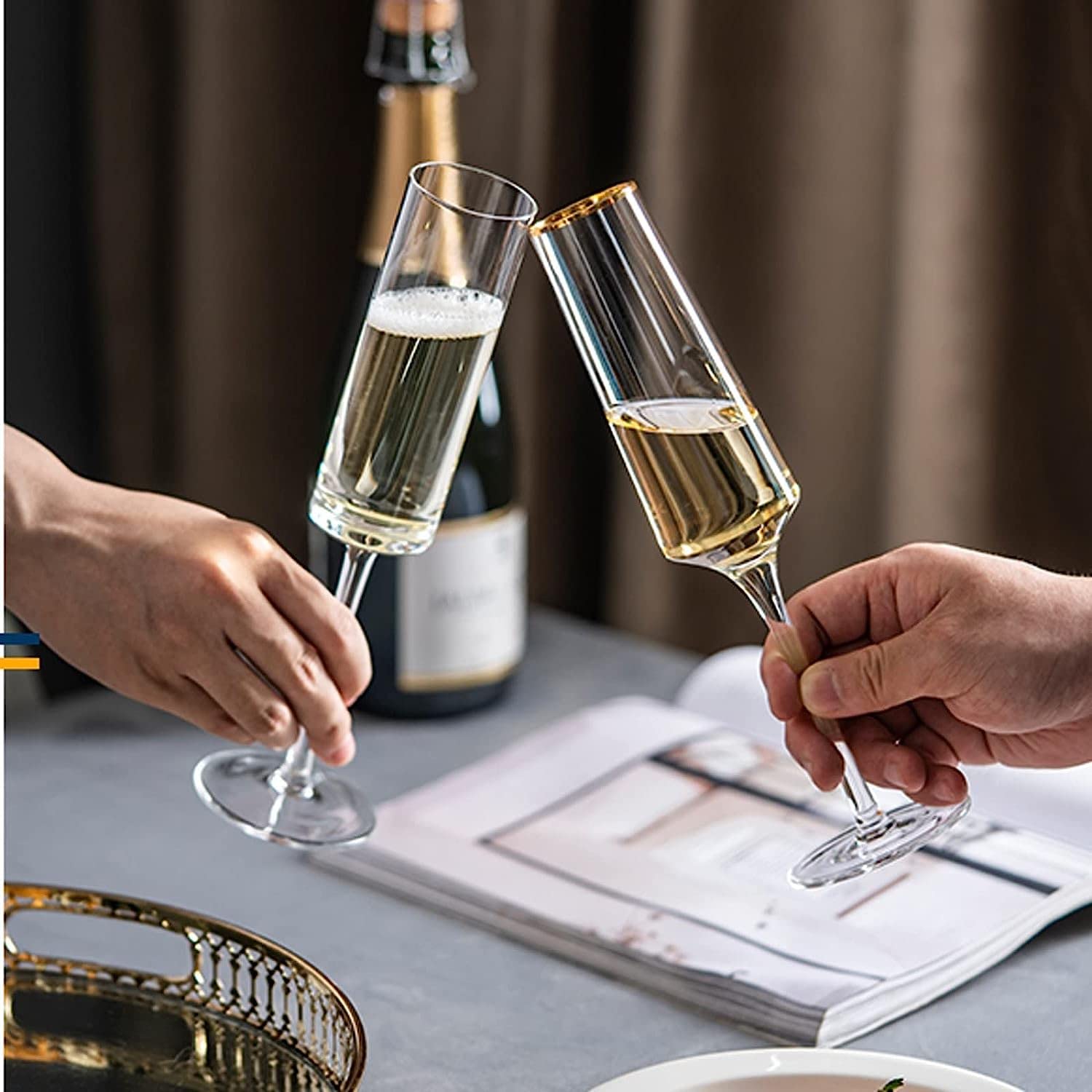 Flûtes à Champagne 230 ML Verres à Champagne à Bord doré Home Premium Goblet Set Flûtes à Champagne en Verre de Cristal pour Mariage, Anniversaire, Noël 2 pièces pour Les fêtes