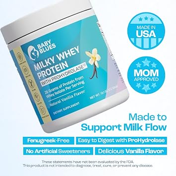 Baby Blues Milky Whey Lactation Protein Powder for Breastfeeding and Nursing Moms, 26g Whey Isolate, Pregnancy and Postpartum Protein for Women, Fenugreek Free with Sunflower Lecithin, Vanilla