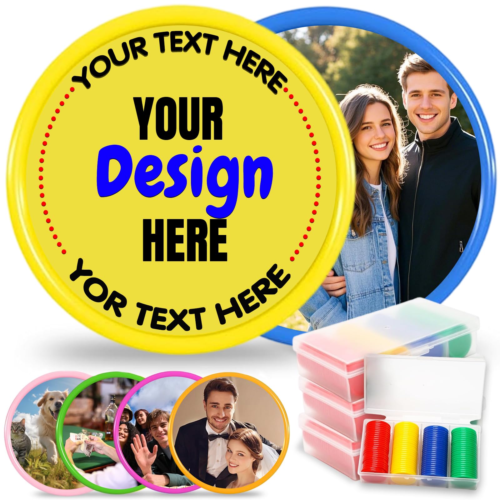 Personalized Poker Chips with Your Design | 100pc Custom Drink Tokens Set/Case | Heat Transfer Printing for Photo, Logo & Text