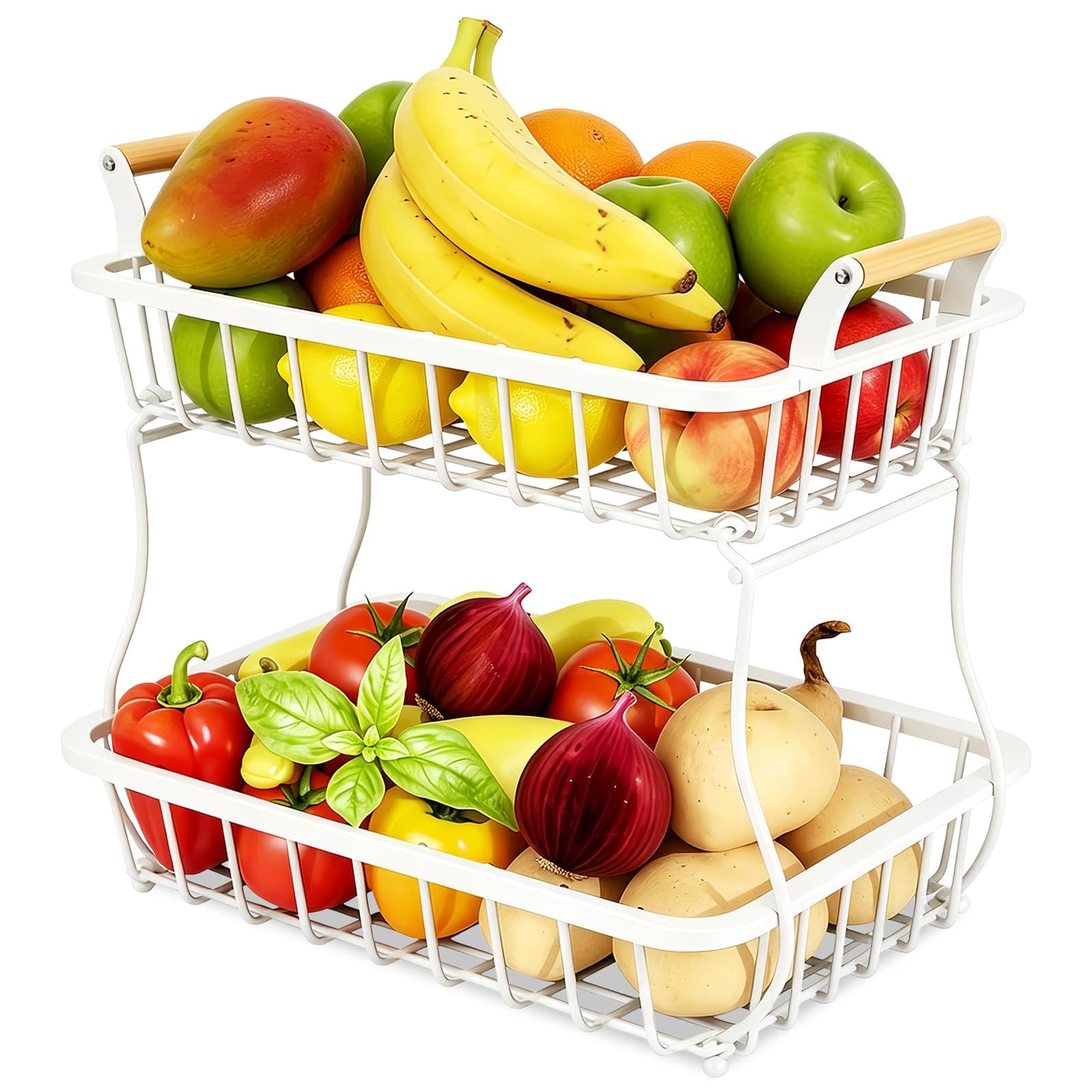 LLHONG 2 Tier Fruit Bowl Basket, Metal Storage Basket, Fruits Stand Holder, Large Capacity Storage Stand Rack,Detachable Kitchen Countertop Organizer for Fruits, Vegetables (White)