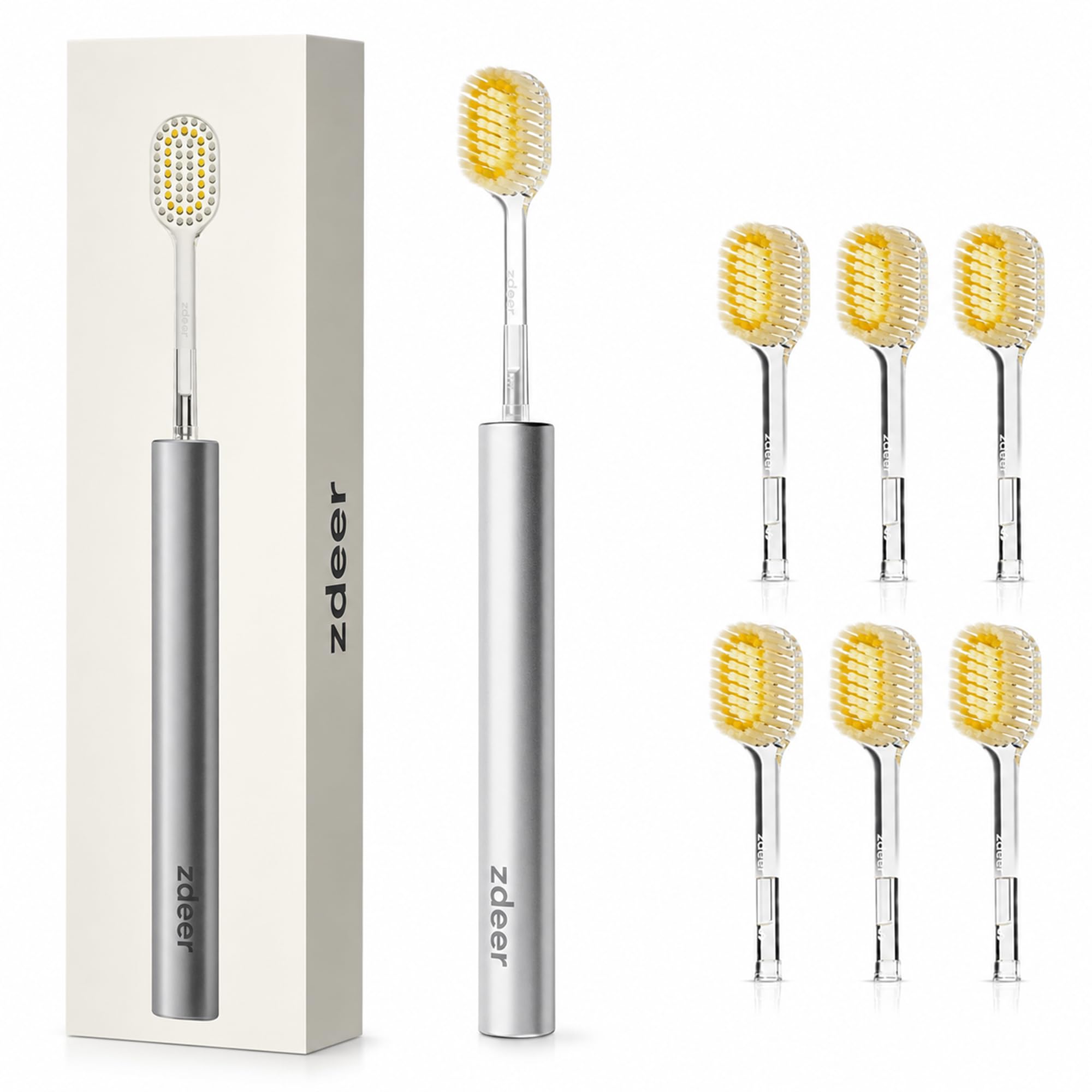 ZDEER Metal Handle Manual Toothbrush with 6 Replaceable Soft Bristle Heads, [Sensitive Gum Friendly] Reusable Premium Oral Care Toothbrush Set for Adults, Ideal Gift, Perfect Present for Birthday