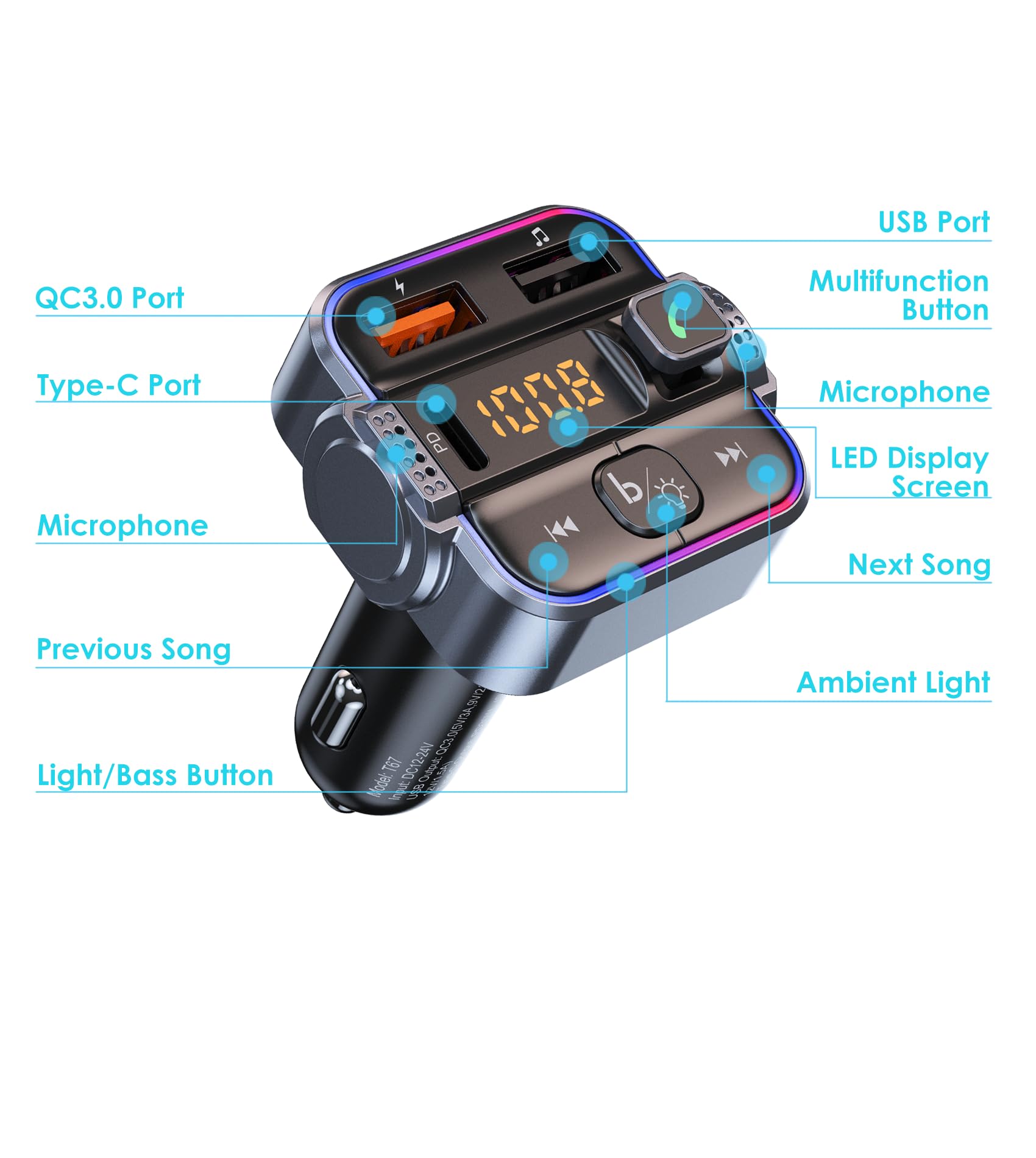Tsnam Transmisor FM Bluetooth 5.3 para coche, receptor de radio inalámbrico con manos libres y micrófono dual, cargador rápido PD de 30 W y QC3.0