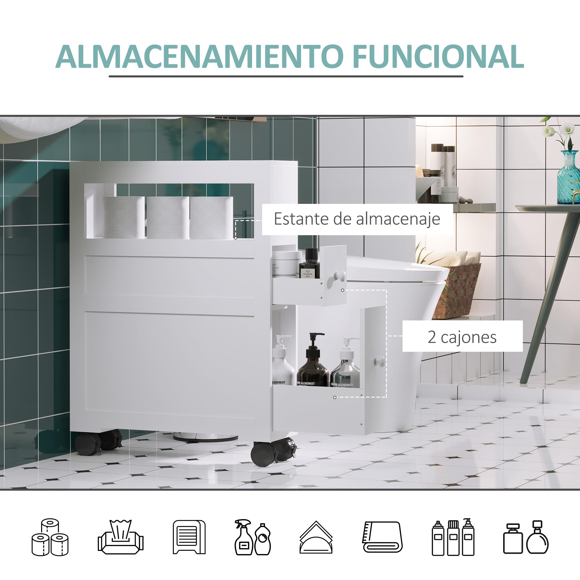 HOMCOM Armario de Baño con Ruedas Mueble de Baño Estrecho con 2 Cajones y Estante de Almacenamiento Carga 20 kg 16x52x71,5 cm Blanco