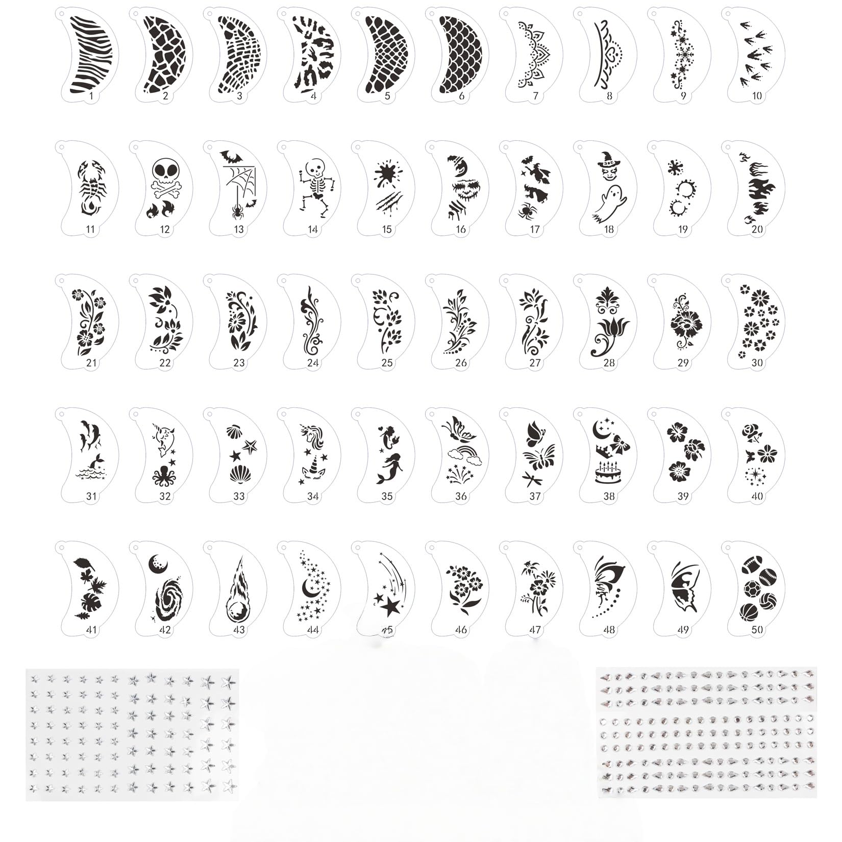 50 Stück Wiederverwendbare Schablonen für Kinder Erwachsene, Tattoo-Schablonen mit 2 Aufkleber für Gesicht und Körper, Kreativität Tattoo Schablone für Halloween Schminke Partys