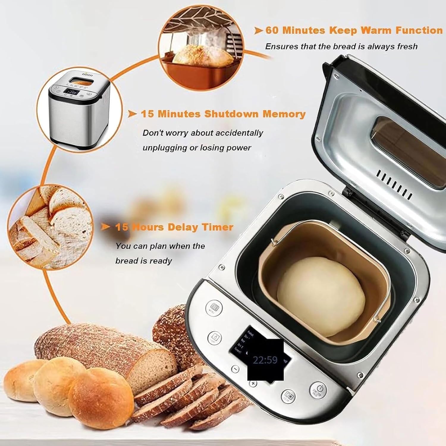 650W Smart Bread Maker, 1000g Professional Automatic Bread Machine With Nut Dispenser, 15 Cooking Programs, 15 Hours Timer, Portable Bread Baking Machine for Breakfast, Picnic