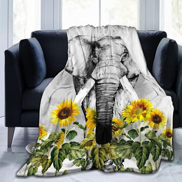 Custommixall Elephant Blanket Cute African Animal Sunflower Printing Fleece Throw Comfortable and Lightweight Flannel Fleece Blanket Bedroom Living Room Sofa Office 50"x60"