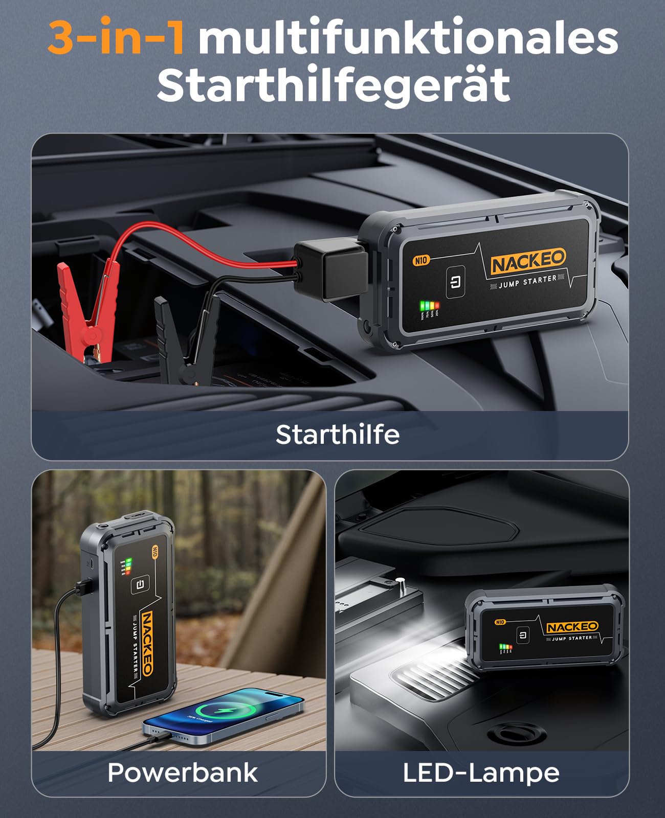 Starthilfe Powerbank 5000A, 12V Starthilfegerät für PKW, SUV und Motorrad, Auto Starthilfe für 9L Benzin und 8.5L Diesel, Tragbarer Jump Starter mit Starthilfekabeln, LED-Notlicht, Kompakt