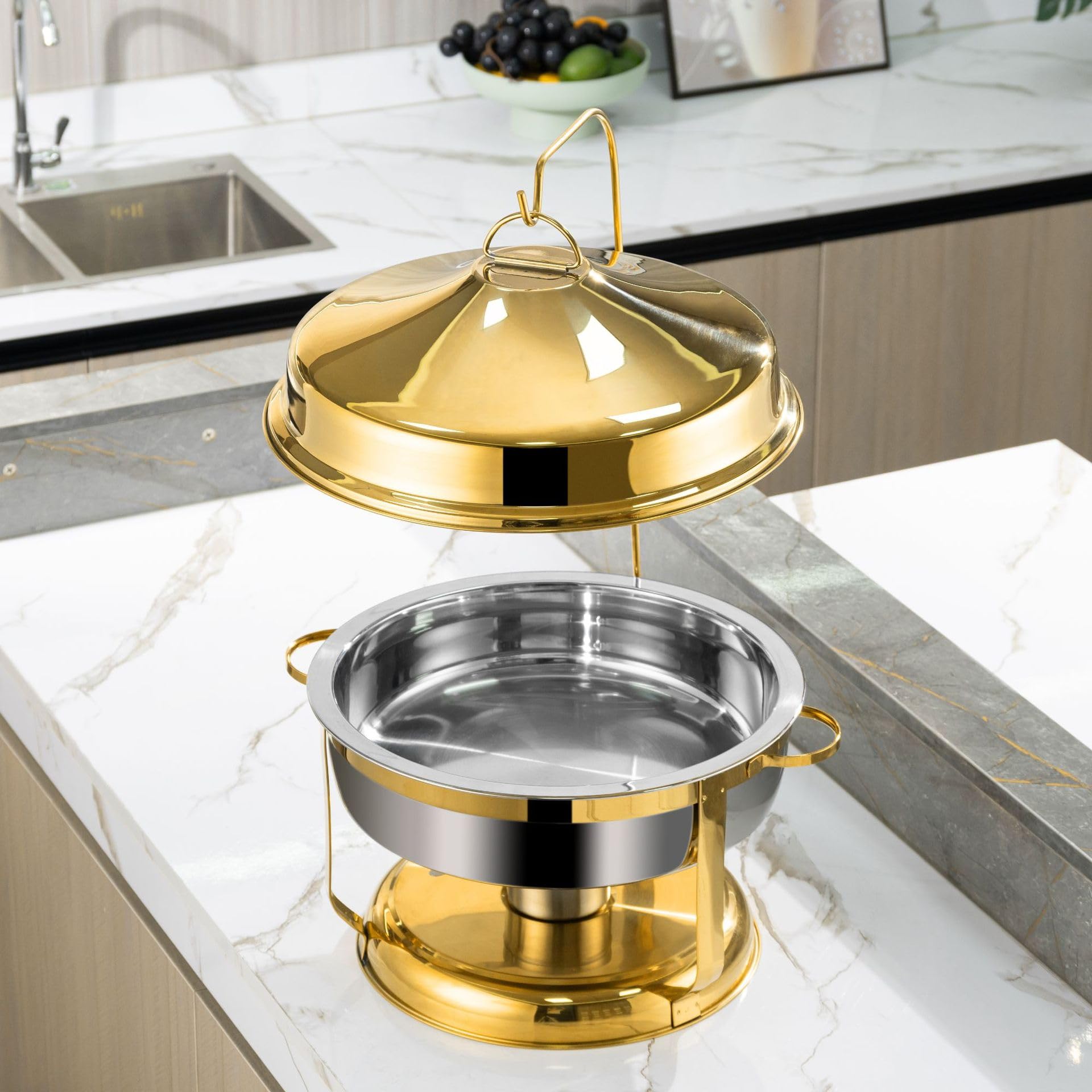 Calentador de alimentos de acero inoxidable dorado con tapa colgante, juego de recipientes para calentar alimentos en buffets para catering que incluye bandeja para alimentos, soporte para agua y com
