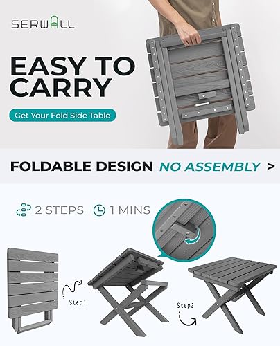 Miniatura 5 de SERWALL Mesa auxiliar plegable pequeña, mesa auxiliar de polietileno de alta densidad para patio, porche, cubierta, piscina, gris