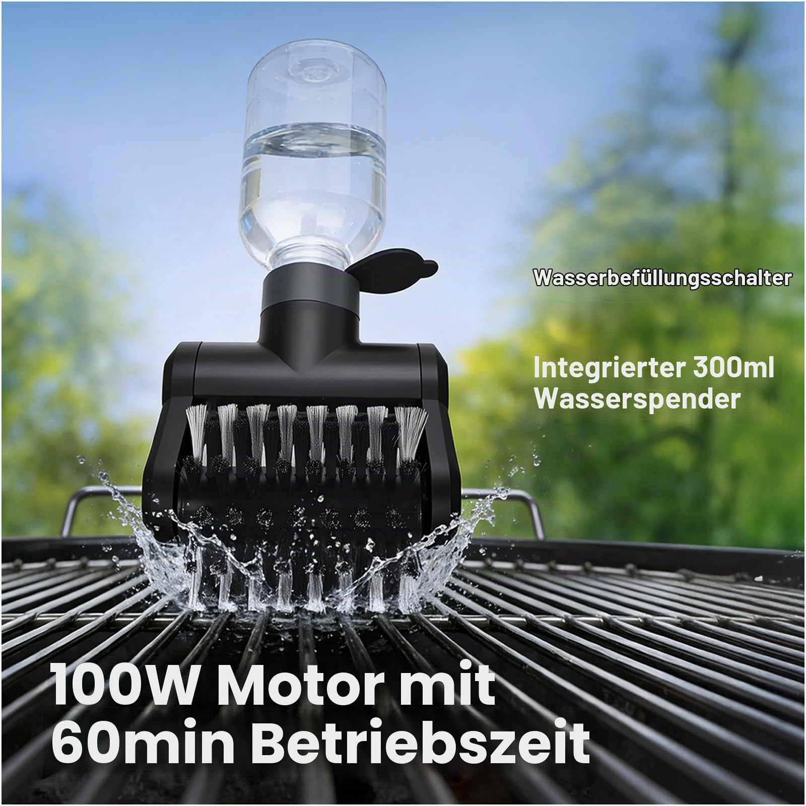 Elektrische Grillbürste mit 300ml Wasserreservoir von MMOBIEL – Kabelloser BBQ Grillreiniger mit 2-Schnellstufen, 100W Motor, USB-C Wiederaufladbar, Ergonomischer Griff, Case & Handschuhe