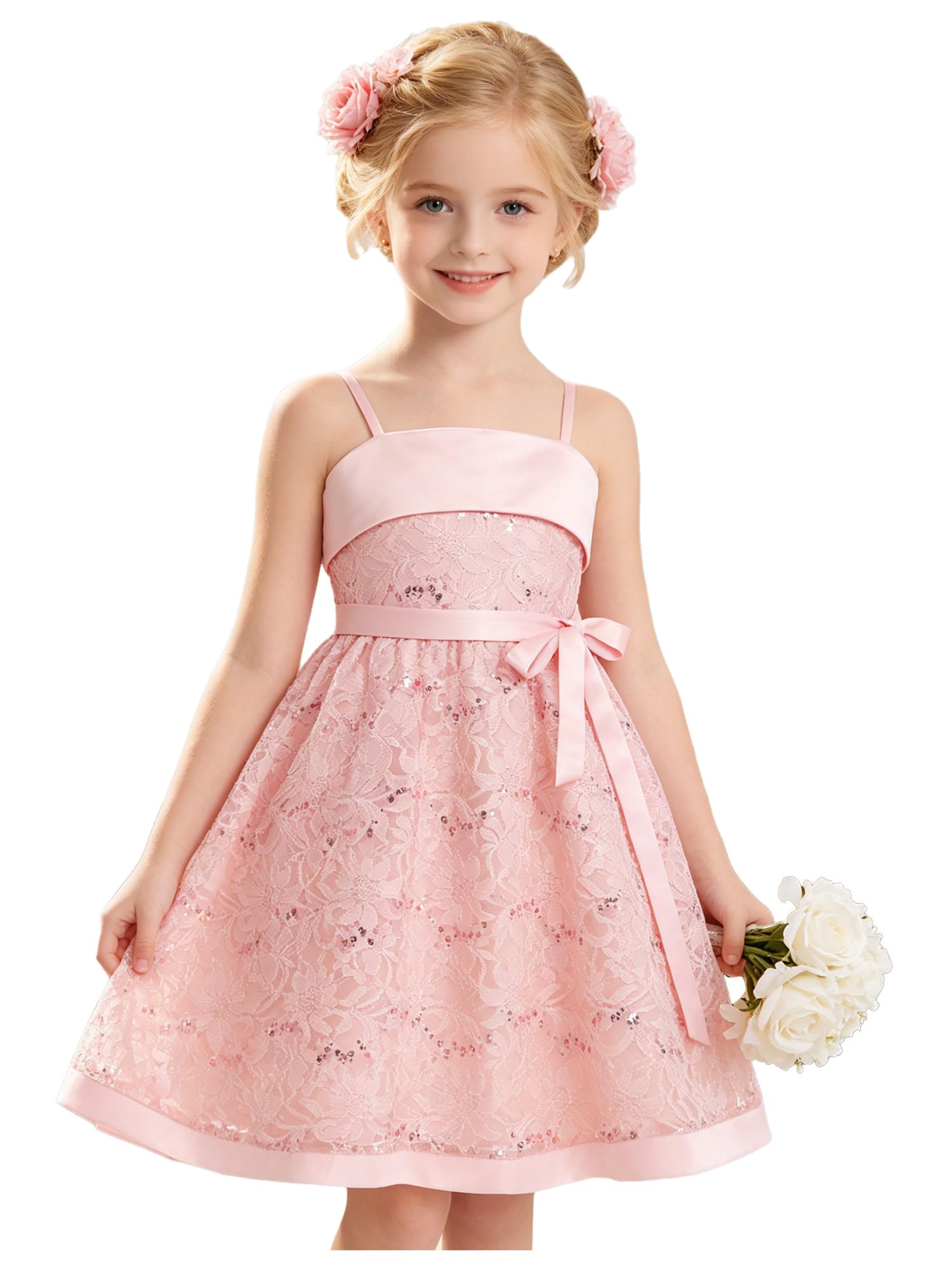 Aislor Bambini Vestito Cerimonia da Festa di Compleanno per Ragazze Abito | Spaghetti Straps,Collo Quadrato,Cintura Larga Seta,Festa Di Compleanno,Sera,Battesimo,Vacanze,Eventi,Nozze,Festivi,Banchetto