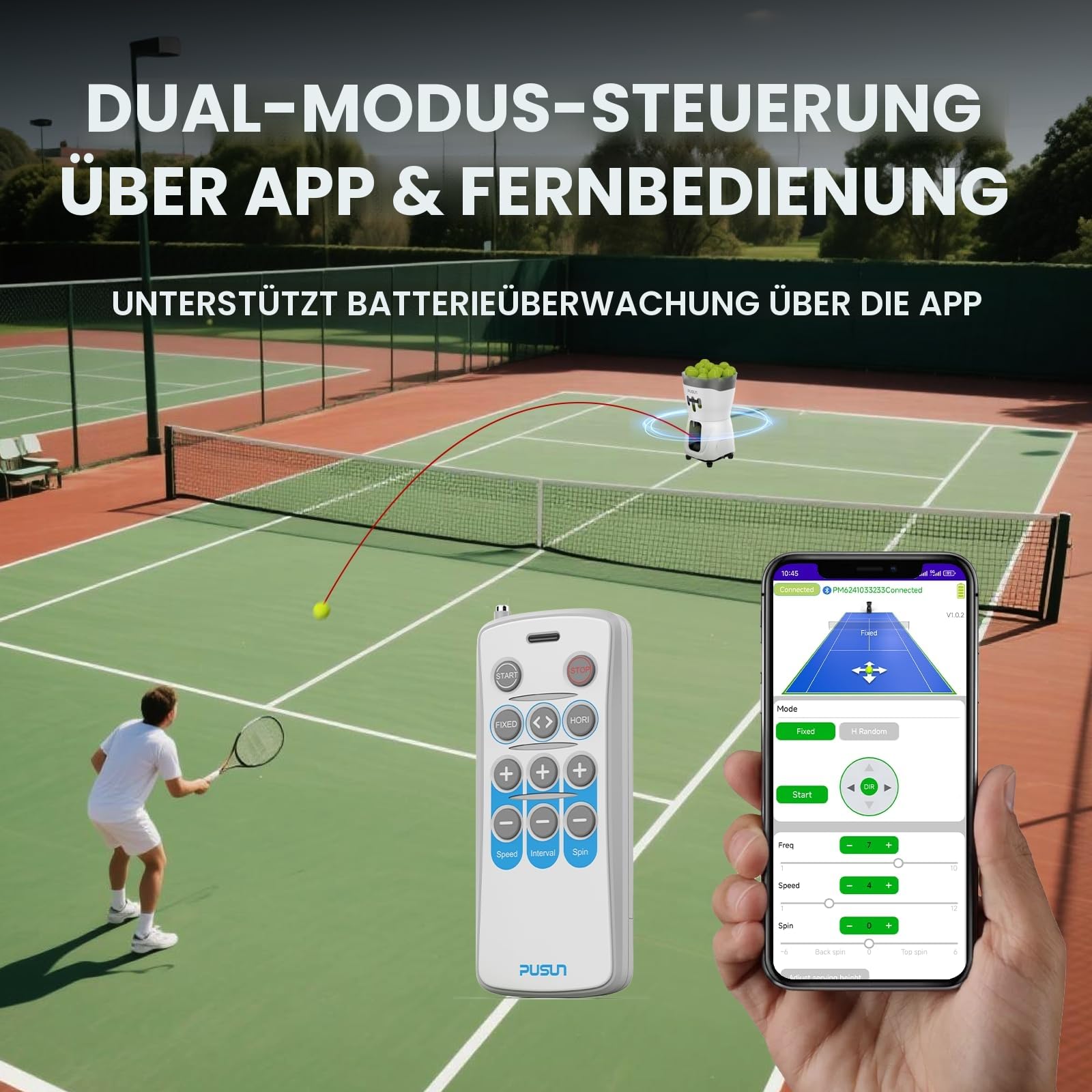 PUSUN PT-Mini Pro Tennisballmaschine mit Smart App Steuerung Fernbedienung, Einstellbare Geschwindigkeit/Rotation/Frequenz für Anfänger, Kapazität 65+Bälle, Akkulaufzeit 3-5 Stunden
