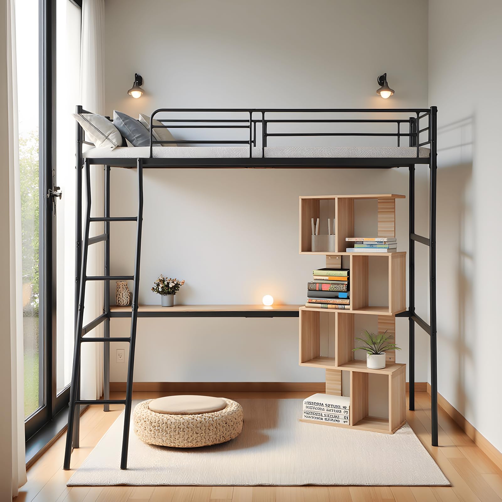 Cama Alta 90 x 200 cm, Cama de Hierro con Escalera, Cuna con Marco de Hierro, Negro, para Habitaciones Juveniles | Cama de hierro con escalera, estructura robusta, color negro, ideal para habitaciones juveniles, soporta hasta 150 kg