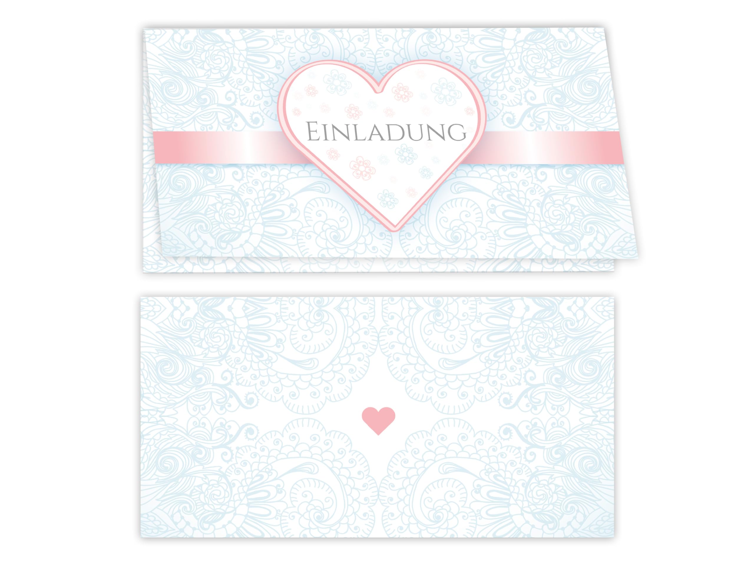 250 Einladungskarten für Hochzeit, Standesamt, Geburtstag, Konfirmation, Kommunion, Jugendweihe, Taufe, Geburtstag Jubiläum. Klappkarten DIN lang (21 x 10,5 cm). Design mit elegantem Ornament und Herz