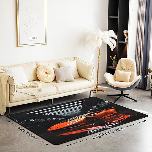 Miniatura 2 de Alfombra de área de coche de carreras de 5 x 7 pies, alfombra suave roja fresca para sala de estar, dormitorio, tapete de franela antideslizante