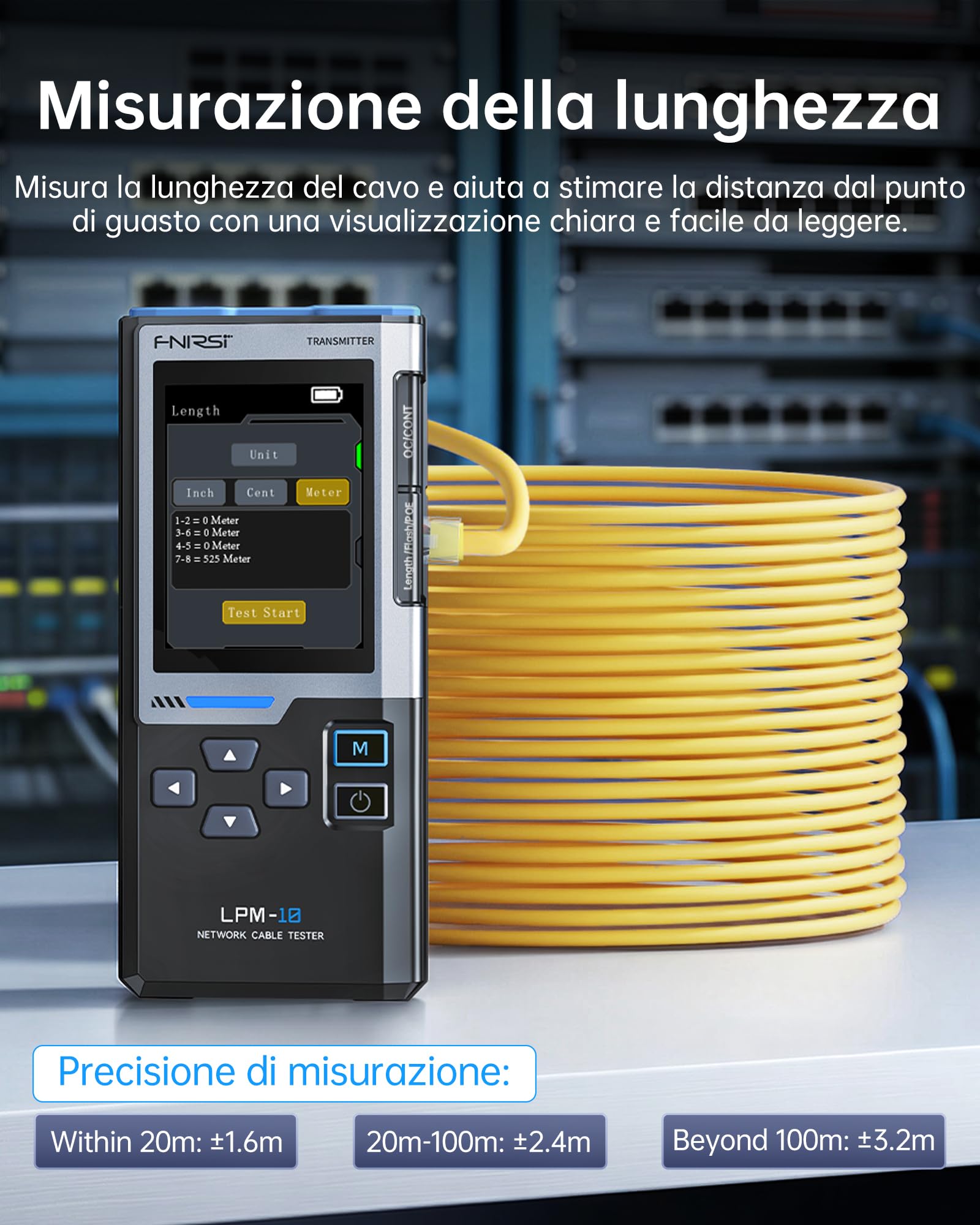 FNIRSI LPM-10A Testeur Câble RJ45, Tester Cavo Ethernet CAT5 CAT6 RJ11, Tracciatore Cavi e Toner di Rete, Test PoE/NCV/Lunghezza, Tester Rete Ricaricabile