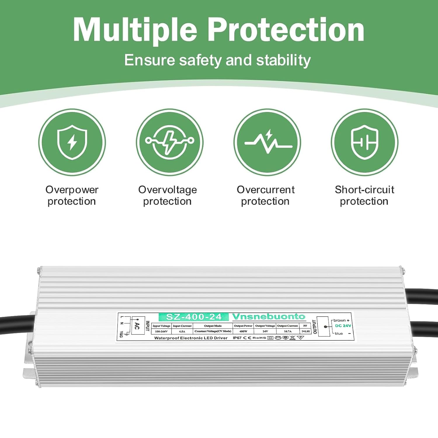 24V Power Supply 90-170V AC to DC IP67 Waterproof LED Driver, 24 Volt Low Voltage Transformer, Adapter with 3-Prong Plug for LED Light, Outdoor Indoor Use (High PF 24V 400W)