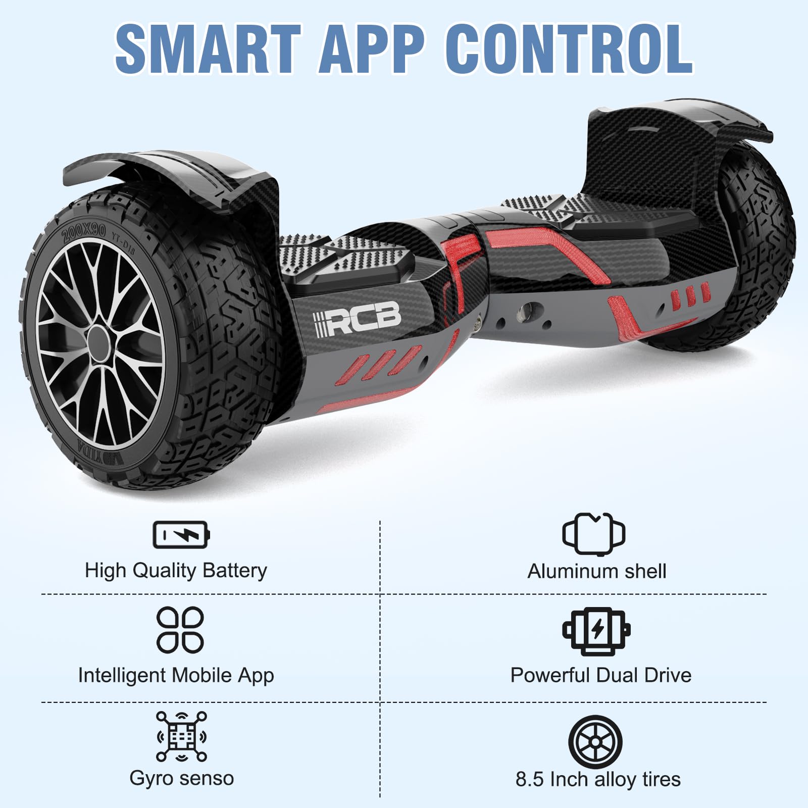 RCB 8,5 Zoll All Terrain Hoverboard mit LED Lichtern, SUV Hoverboard mit Bluetooth-Lautsprecher und App,Balancing Scooter für Kinder und Erwachsene