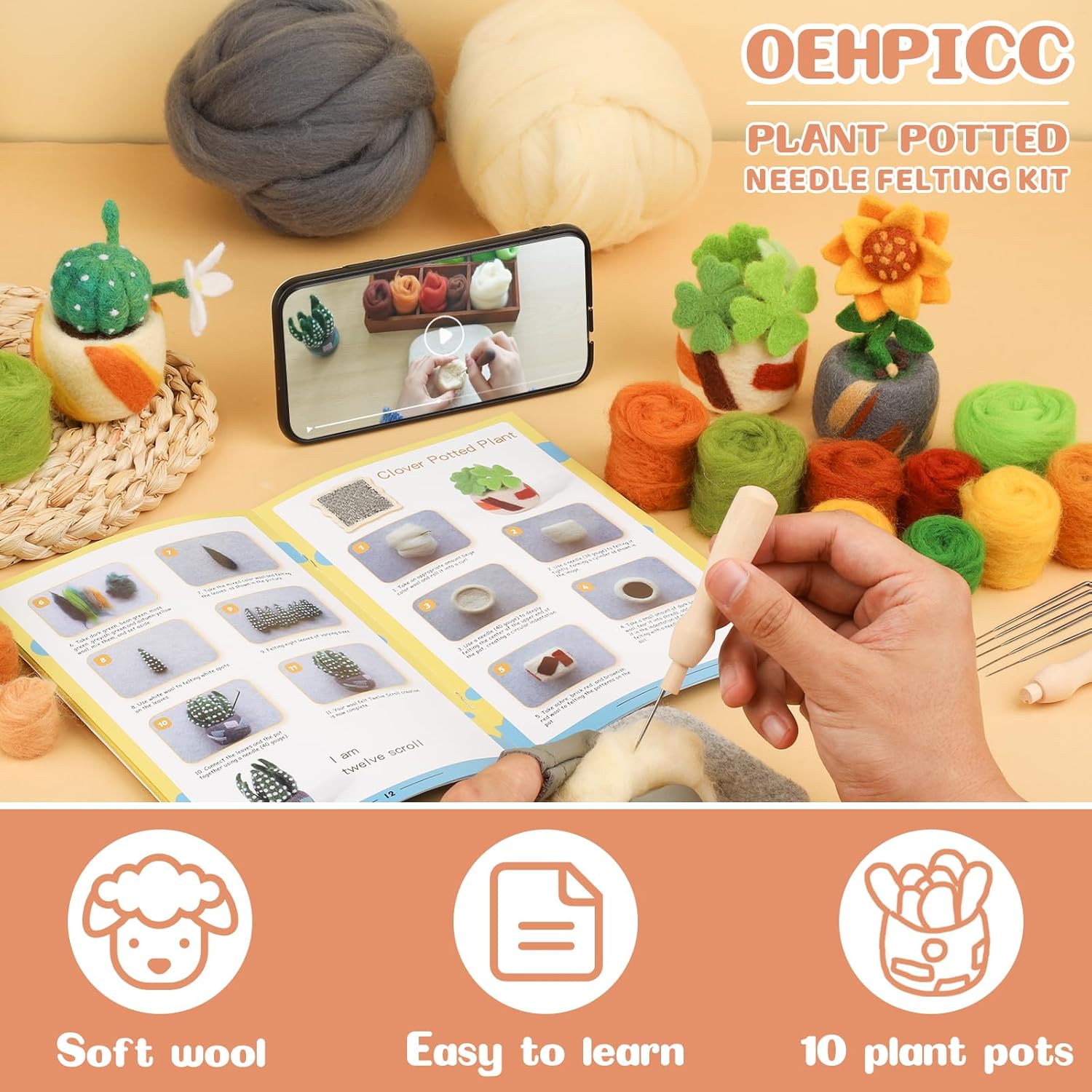 OEHPICC 128 Pcs Needle Felting Tools and 10 Pack Plant Pot Needle Felting Starter Kit