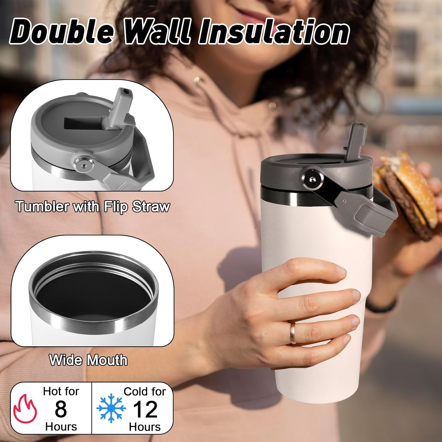 20 oz Tumbler with Handle, Insulated Tumbler with Lid and Flip Straw Leak Proof Double Wall Stainless Steel Vacuum Travel Coffee Mug Insulated Water Bottle Thermal Cup, Cupholder Friendly, White - Image 3