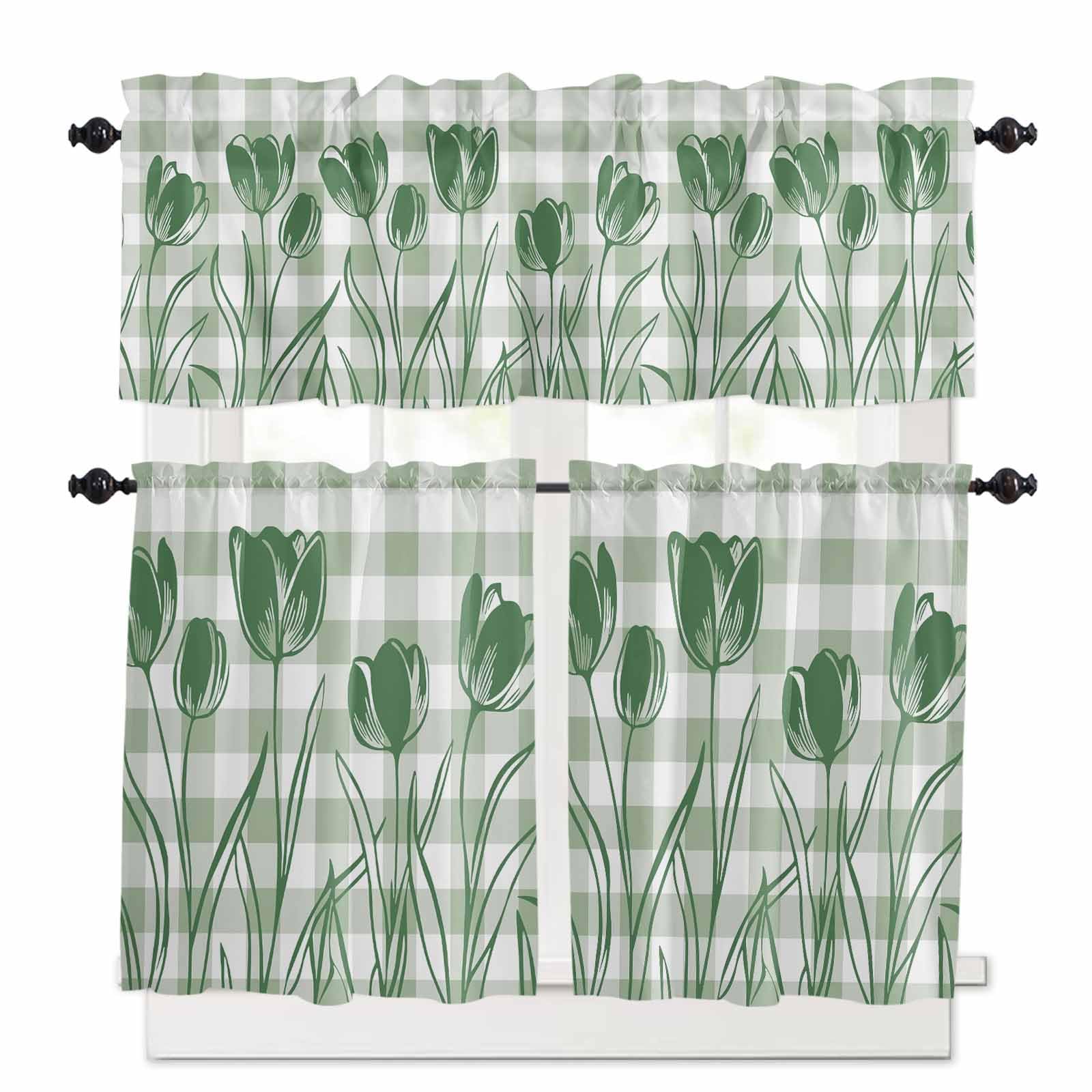 Kitchen Curtains and Valances Set, Green Flower Rod Pocket Curtains Tier Farmhouse Window Treatment 36 Inch Length, Elegant Plaid Floral Lattice Botanical 3 Piece Kitchen Curtain Set
