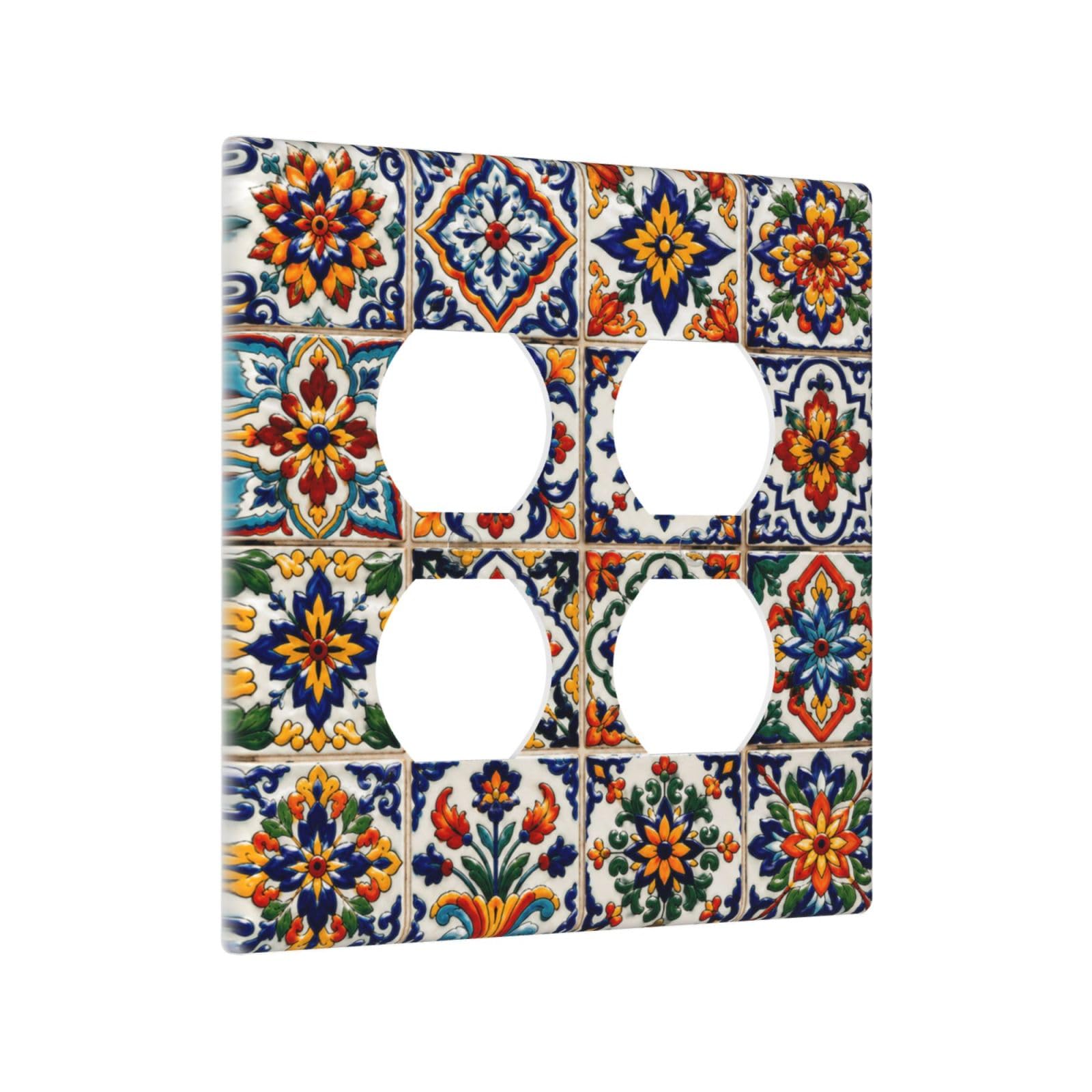 Thsanju Outlet Covers Vintage Ceramic Talavera 2-Gang Duplex Light Switch Covers Decorative Colorful Floral Geometric Gfci Wall Plate Electrical Receptacle Switchplate Plug Faceplate for Kitchen Decor