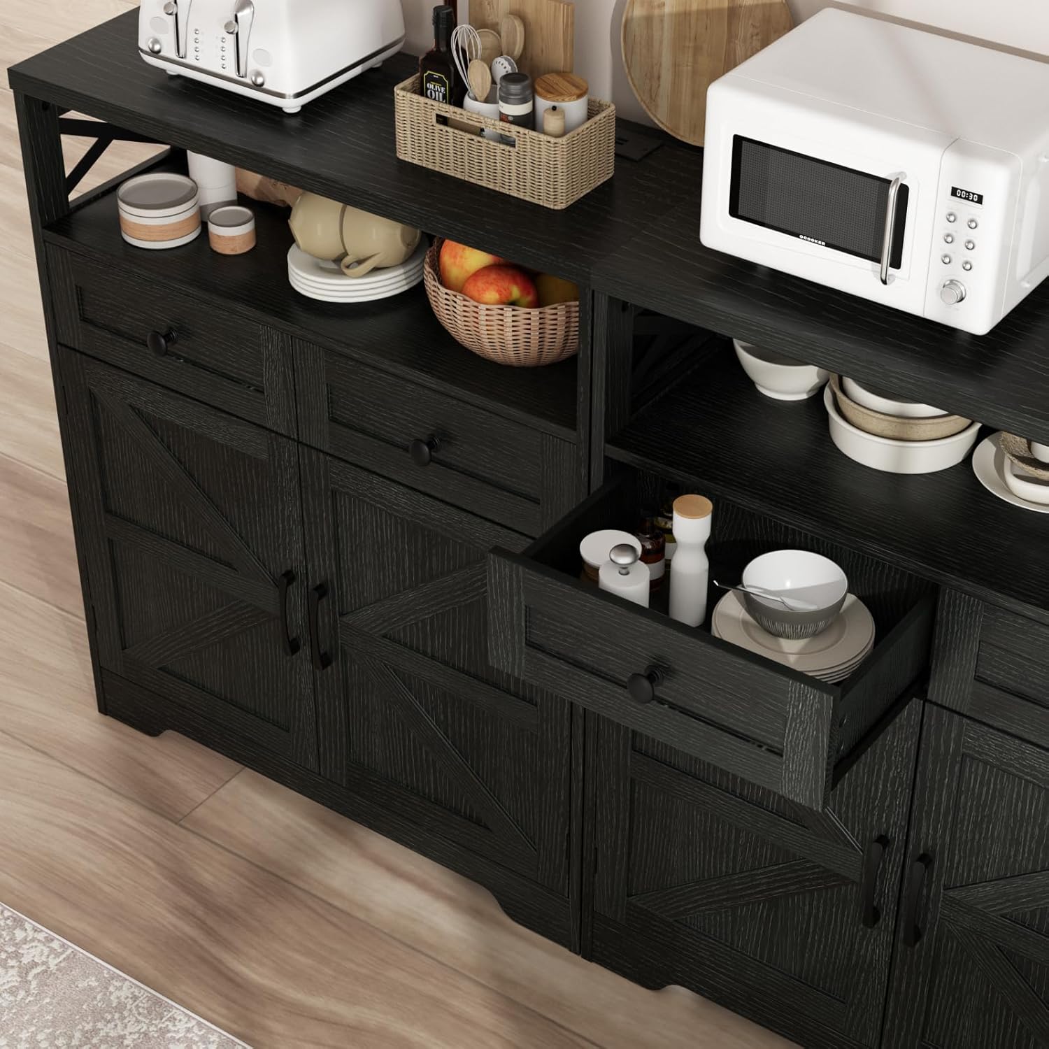 FiveWillowise 31.5" Black Storage Cabinet with Drawers and Shelf, Farmhouse Sideboard Buffet with Storage, Kitchen Pantry Hutch, Coffee Bar Cabinet Station Table for Kitchen, Living, Dining Room
