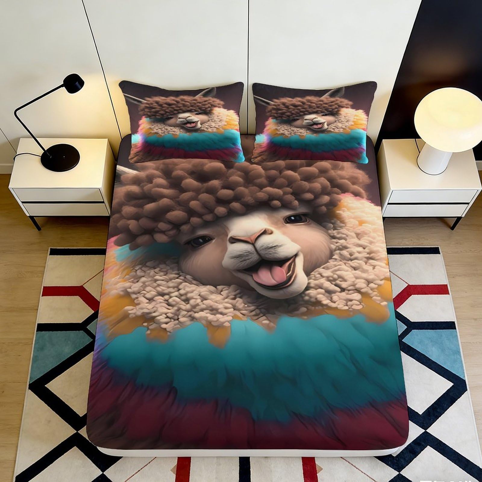 3D Printed Colorful Alpaca Fitted Sheet Microfiber Soft Breathable Cartoon Sheep Bed Cover for Bedroom Dormitory Guest Room Mattress Protection Decor 140x200x25cm
