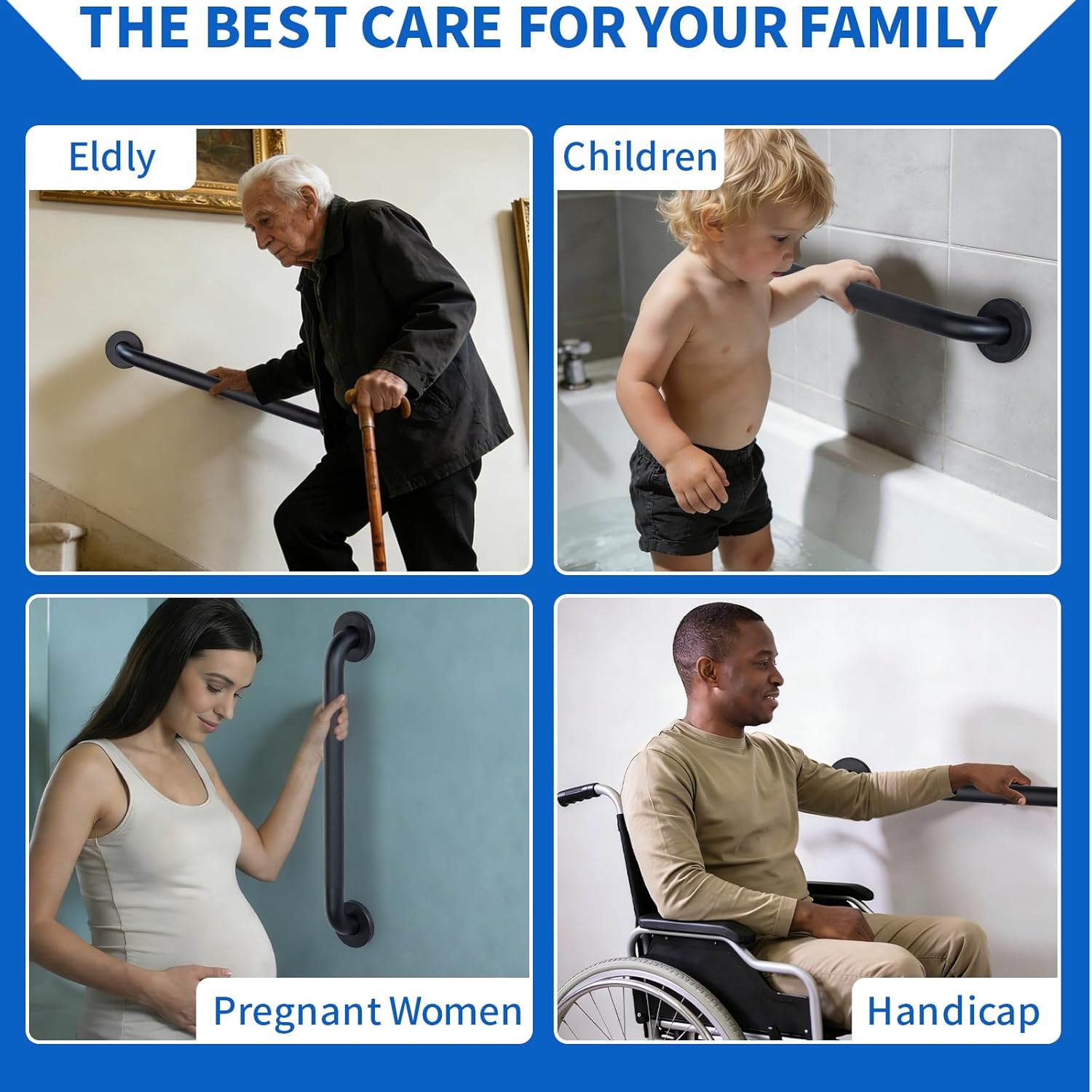 Anti-Slip Shower Grab Bar for Seniors Disabled,Bathroom Safety Bars for Wall Mount,High Load Capacity Toilet Grab Bars,Water-Resistant Shower Safety Bars for Elderly (Black Knurled, 24-inch Grab Bar)