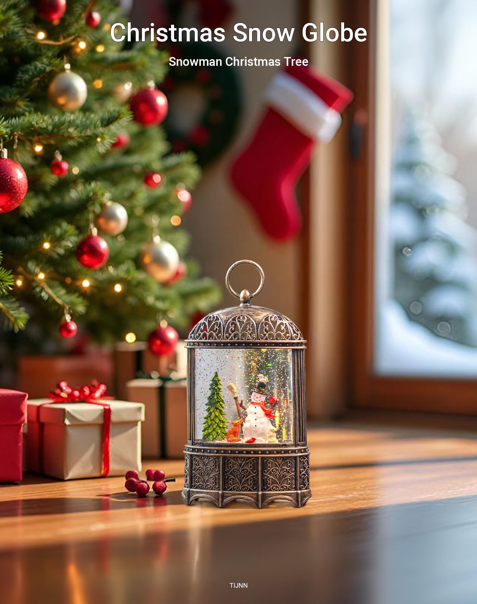 Boule à neige de Noël avec oiseaux rouges, boîte à musique, décoration intérieure, minuterie/chargement USB (30,5 cm, lanterne bonhomme de neige)
