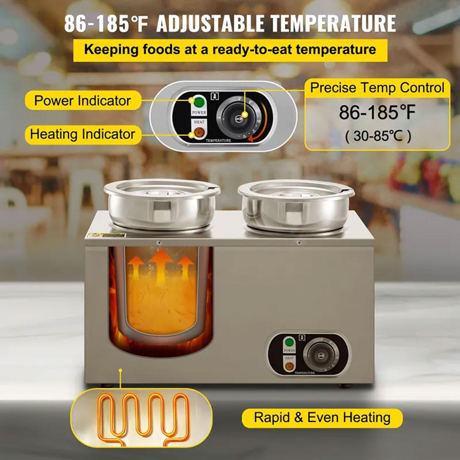 COYEUX Calentador de Alimentos eléctrico de 1500 W, Calentador de Alimentos Tipo Buffet de Acero Inoxidable 4X7L, con Control de Temperatura de 30-85 ℃, para Restaurante, Cocina, Hotel, Cantina