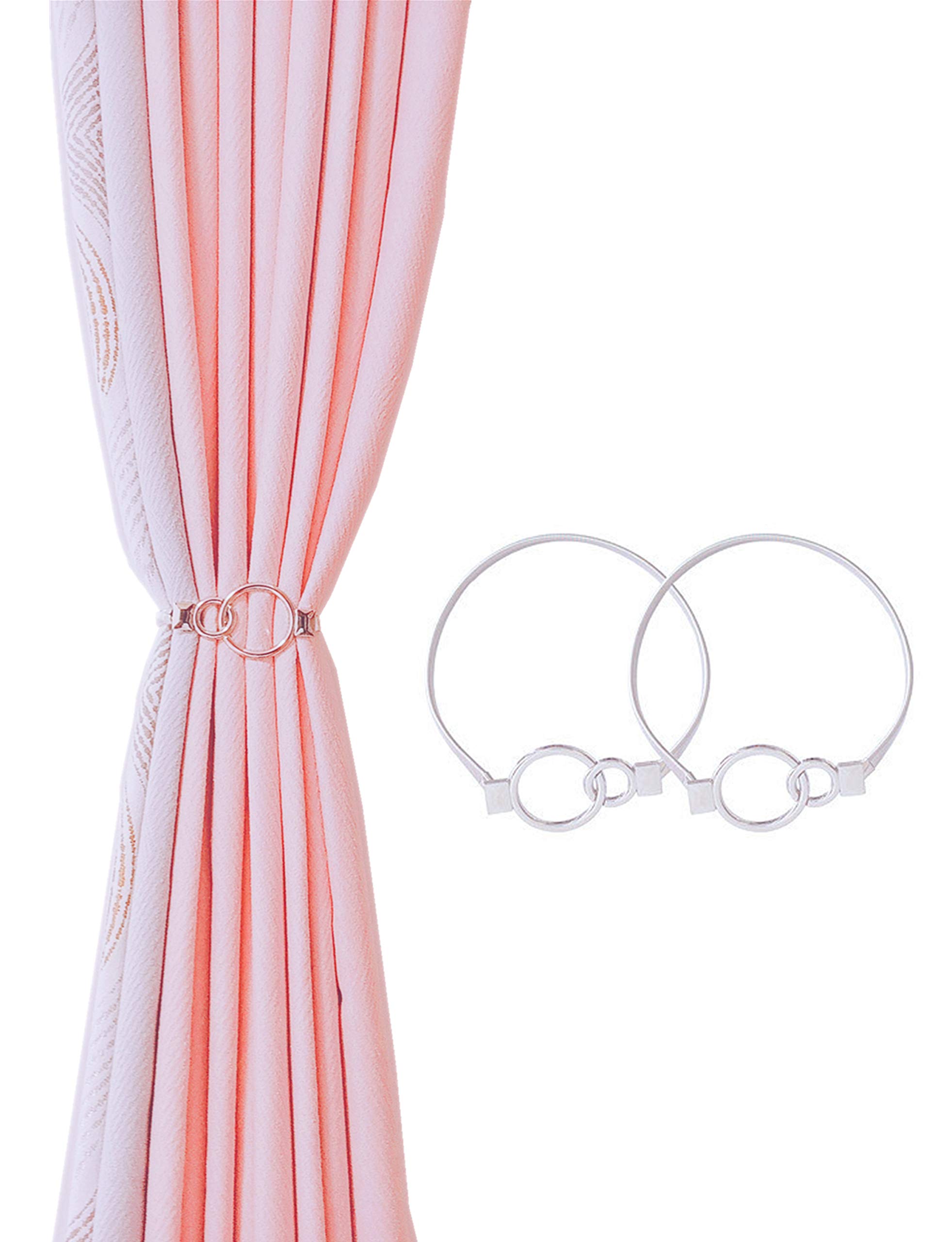 viviweek Double Circinal Loop Window Curtain Tie Backs, Dual Circular Rings Alloy Stretchy Curtain Tiebacks Two Circle Ring, Big and Small Annulus Decorative Drapery Holdbacks (Silver Rope, 2)