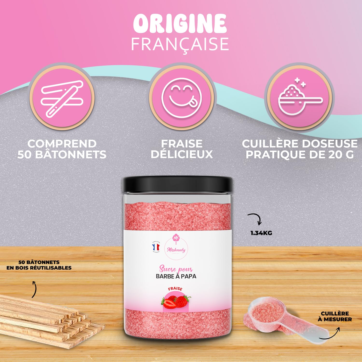 Misskandy®-Sucre Barbe à Papa Fraise 1,340kg (Arôme et Colorant Naturel), pour Machine/poudre barbapapa + 50 bâtonnets (offerts) / Fabriqué en France