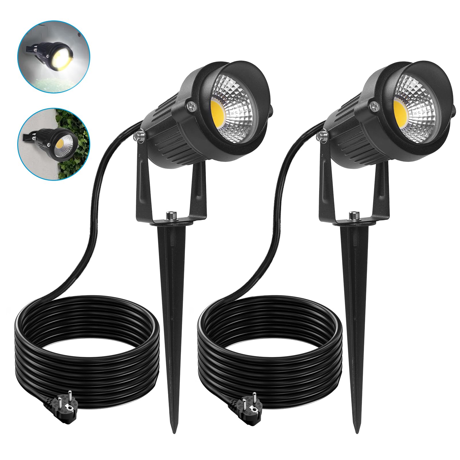 LASONAS Gartenbeleuchtung mit Strom 5W LED Gartenstrahler mit Erdspieß & Dämmerungssensor, IP65 Wasserdicht Gartenleuchte Warmweiß 3000K für Garten Wege Bäume Teich (2er-Pack)