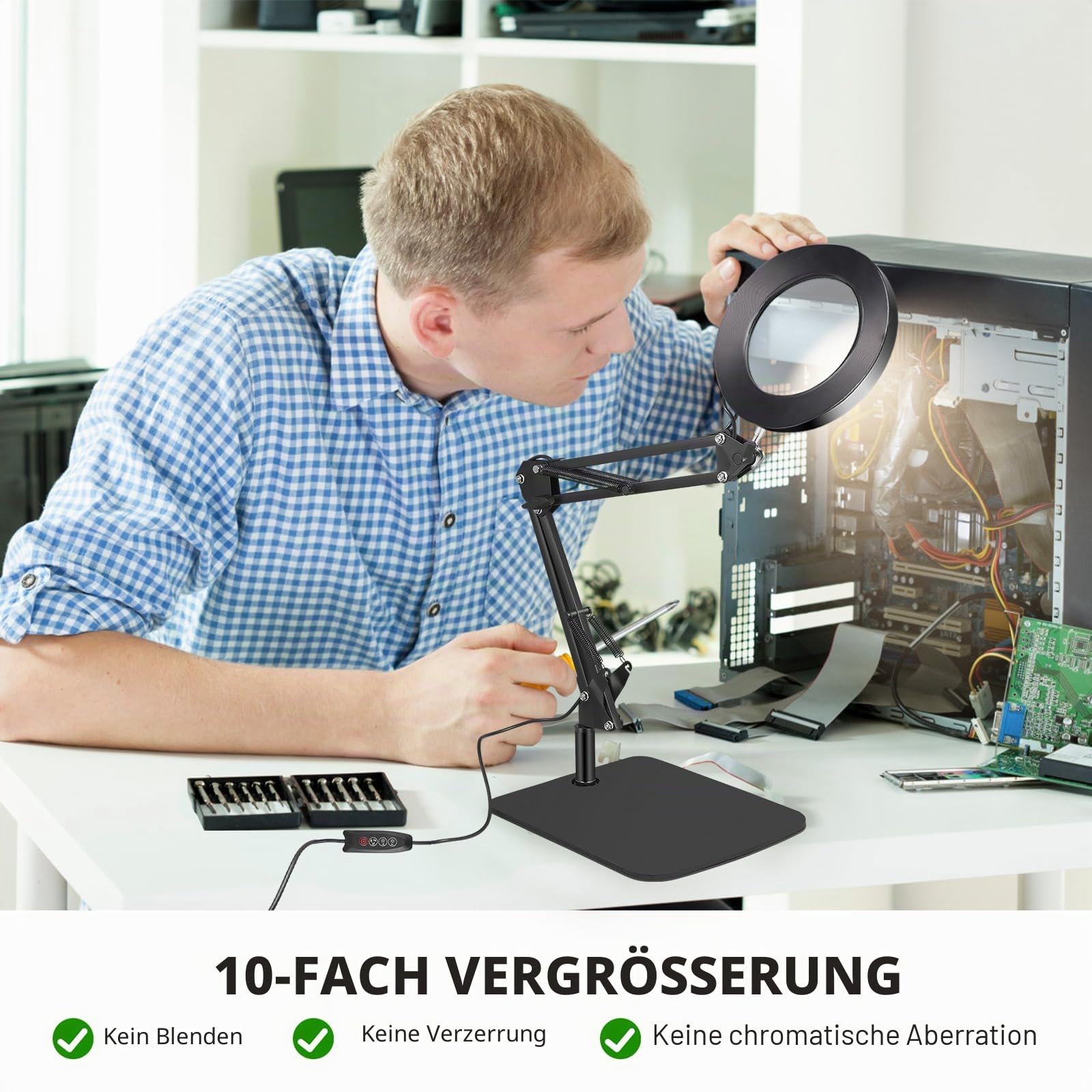 Towwoo Lupe mit Licht und Ständer, 10X Lupenleuchte mit Klemme und Großer Basis, 72 Dimmbar LEDs, 3 Farbmodi 10 Helligkeit, Tischlupe mit Beleuchtung für Naharbeiten, Schmuck, Lesen, Reparieren