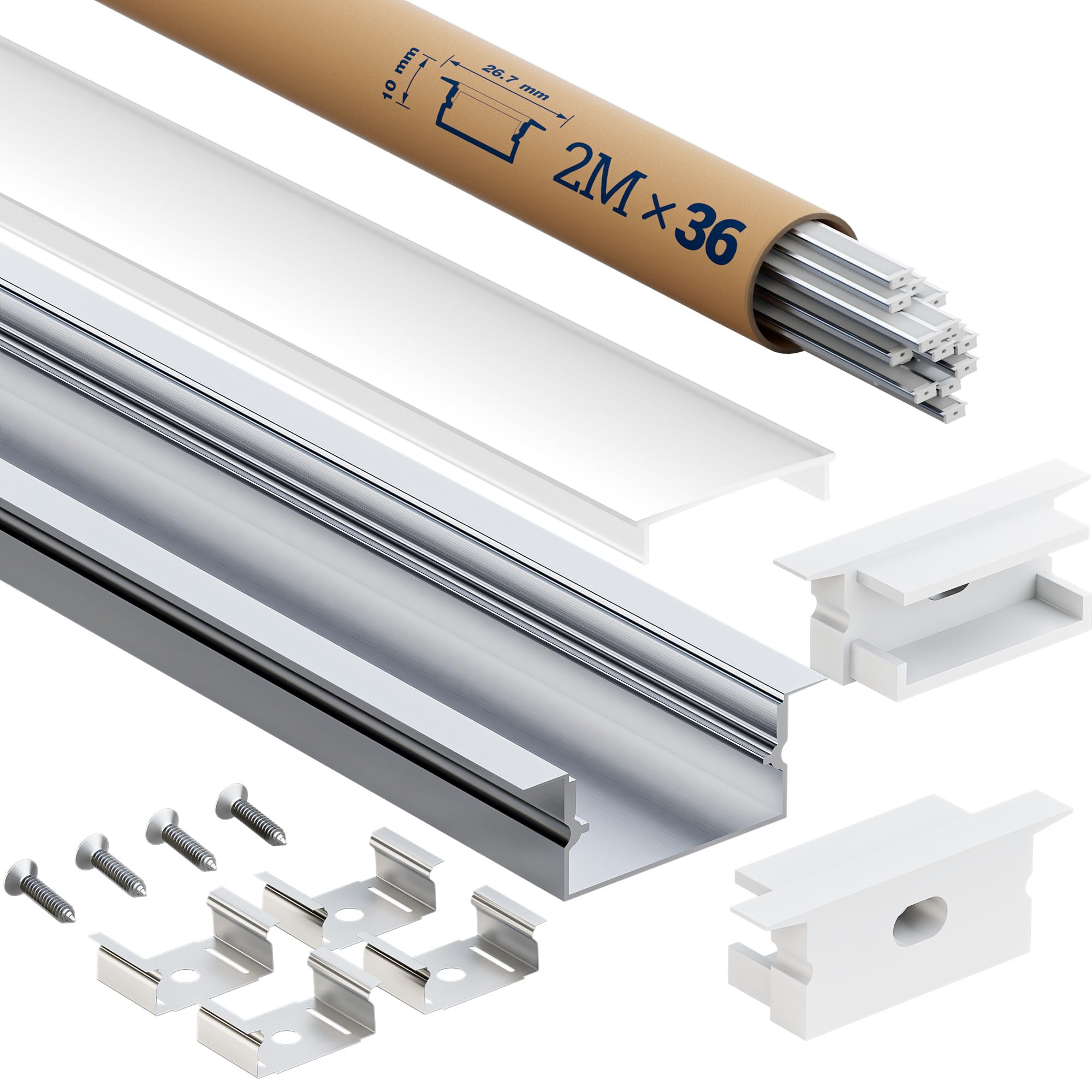 Profil aluminiowy LED, 2 m, 36 sztuk – listwa LED z listwą dyfuzora | do taśm LED do 15 mm, rozmiar 26,7 × 10 mm | w zestawie zaślepki, śruby i klipsy montażowe (SL02, 2 m, 36 sztuk)