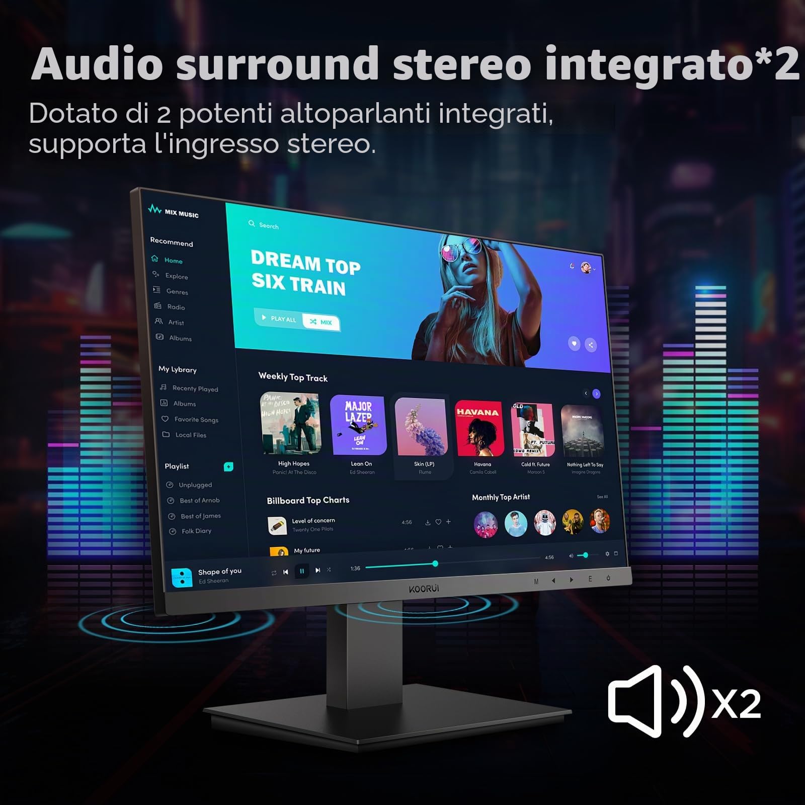 KOORUI Gaming Monitor 24 Pollici, Altoparlanti Incorporati, FHD 1920x1080p, 100Hz, HDMI, VGA, Montabile VESA 75x75 mm, Adaptive Sync, Cura Degli Occhi e Pannelli ultra Sottili, Nero
