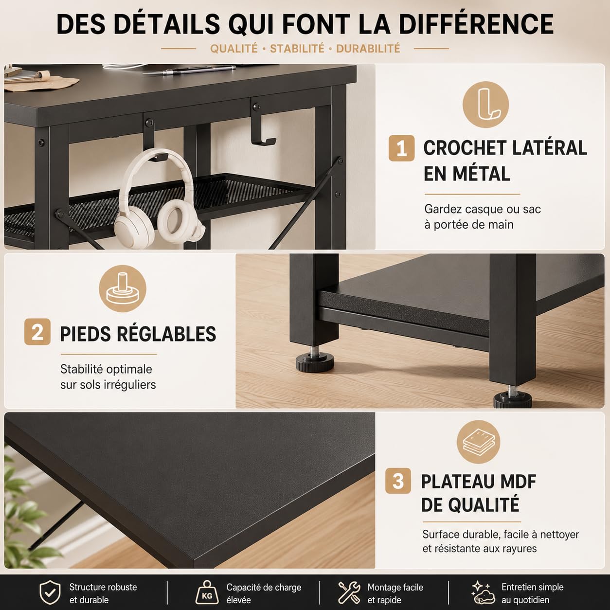 iSunirm Bureau Gaming Noir 100×50cm - LED RGB & Prises USB/Secteur Intégrées, Bureau Gamer avec Rangement Réversible, Compact pour Chambre, Étude & Télétravail