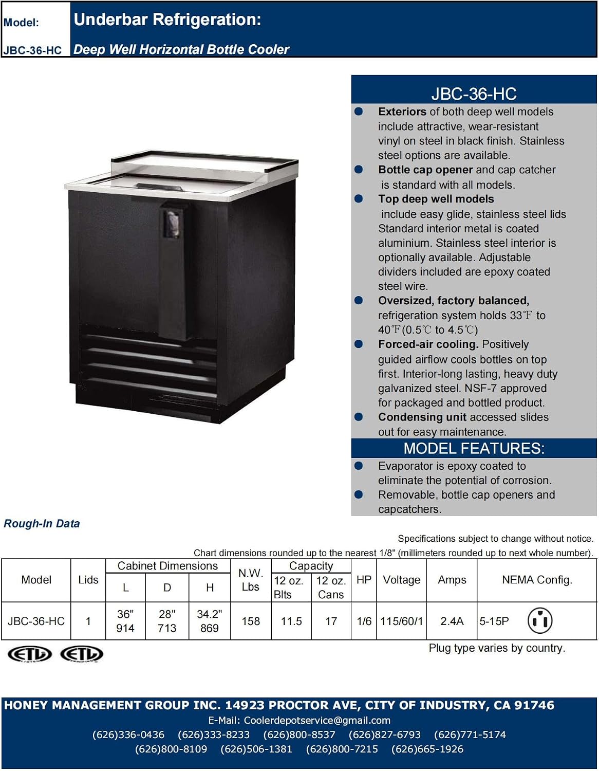 Commercial Back Bar Beer Bottle Refrigerator, ETL Horizontal Deep Well Fridge Cooler Merchandiser, 36" W Top Lid, White, 17 cases of 12 oz. cans Capacity