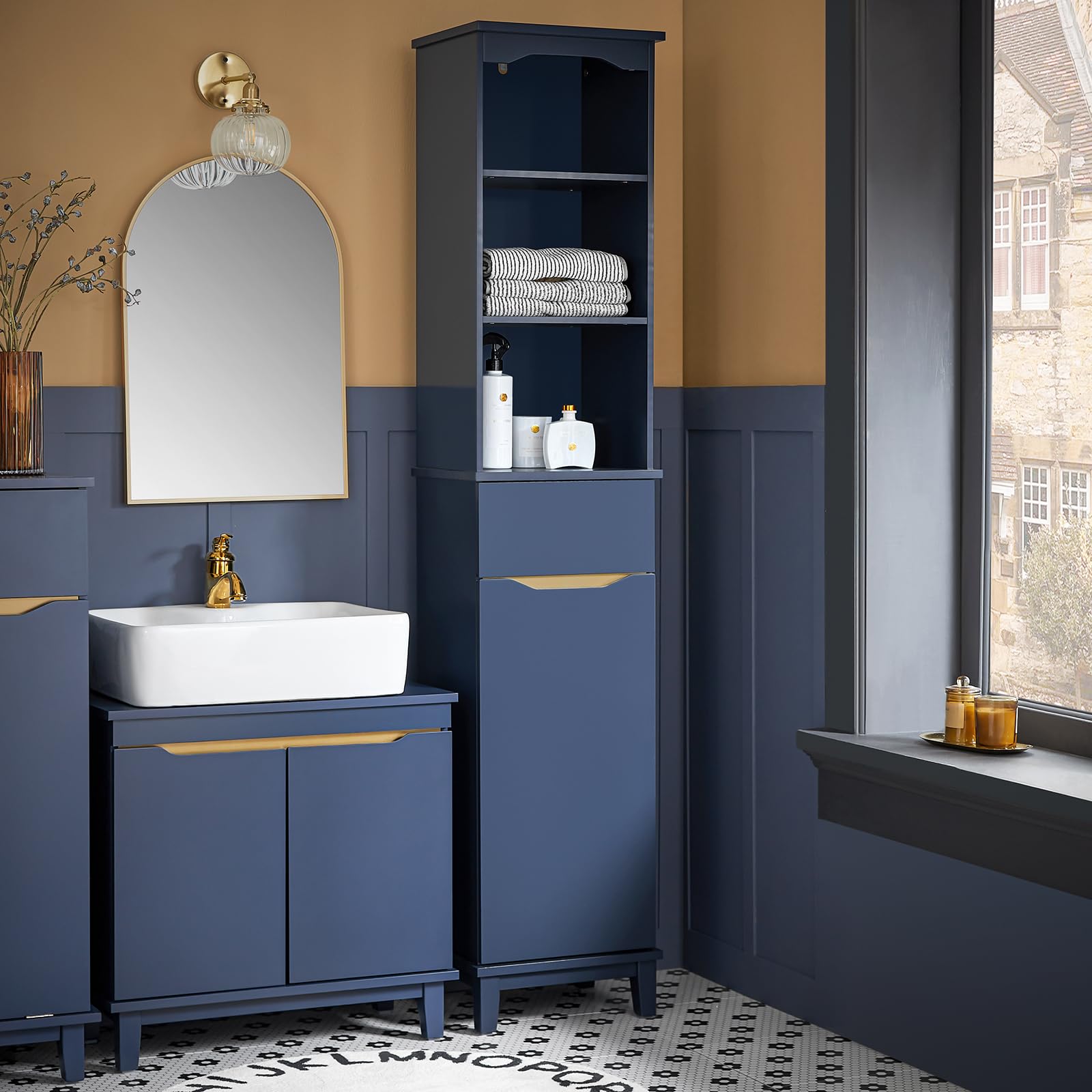 SoBuy Meuble Salle de Bain Colonne Rangement avec 3 Étagères Ouvertes, Armoire avec Porte et Tiroir Petit Meuble de Rangement Salle de Bain pour Espaces Réduits 35 x 30 x 170 cm BZR112-B