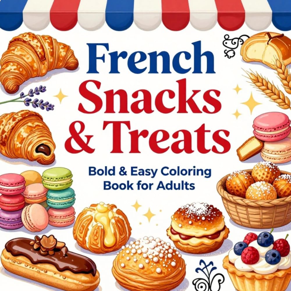 French Snacks & Treats Bold & Easy Coloring Book for Adults: Simple Large Print Food Coloring Pages Featuring Croissants, Macarons, Baguettes, ... and Stress Relief (Snacks & Treats Coloring)