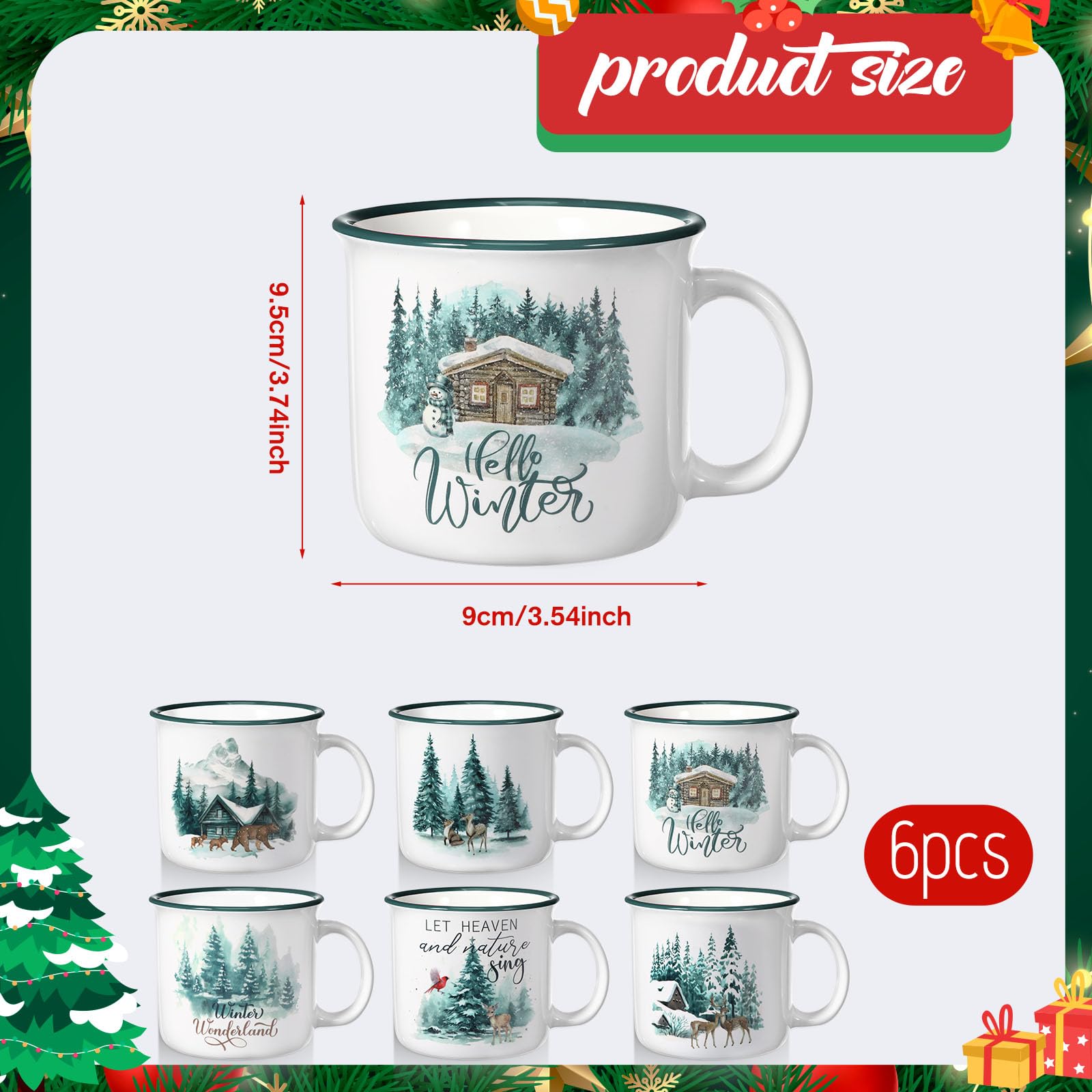 Pickmesh Juego de 6 tazas de café de cerámica de Navidad de 14 onzas, tazas de Navidad con asa, tazas de Navidad esmaltadas para invierno, regalo de Navidad, suministros de fiesta de Navidad