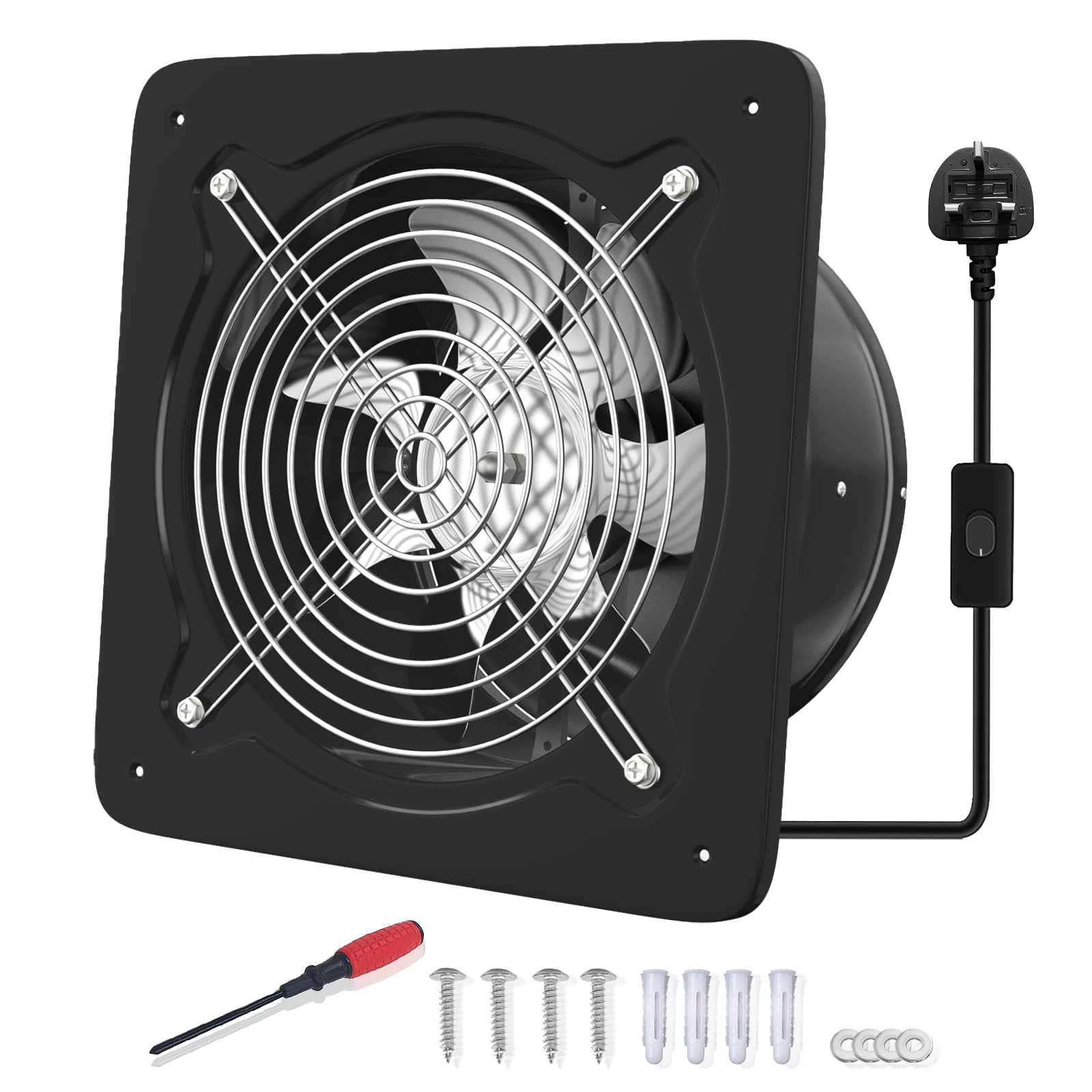 FanGoFast 6 Inch/150mm Kitchen Exhaust Fan 525m³/h Metal Extractor Fan with UK Plug Low Noise Stainless Steel Ventilation Fan for Warehouse Home Restaurant Garage (Black
