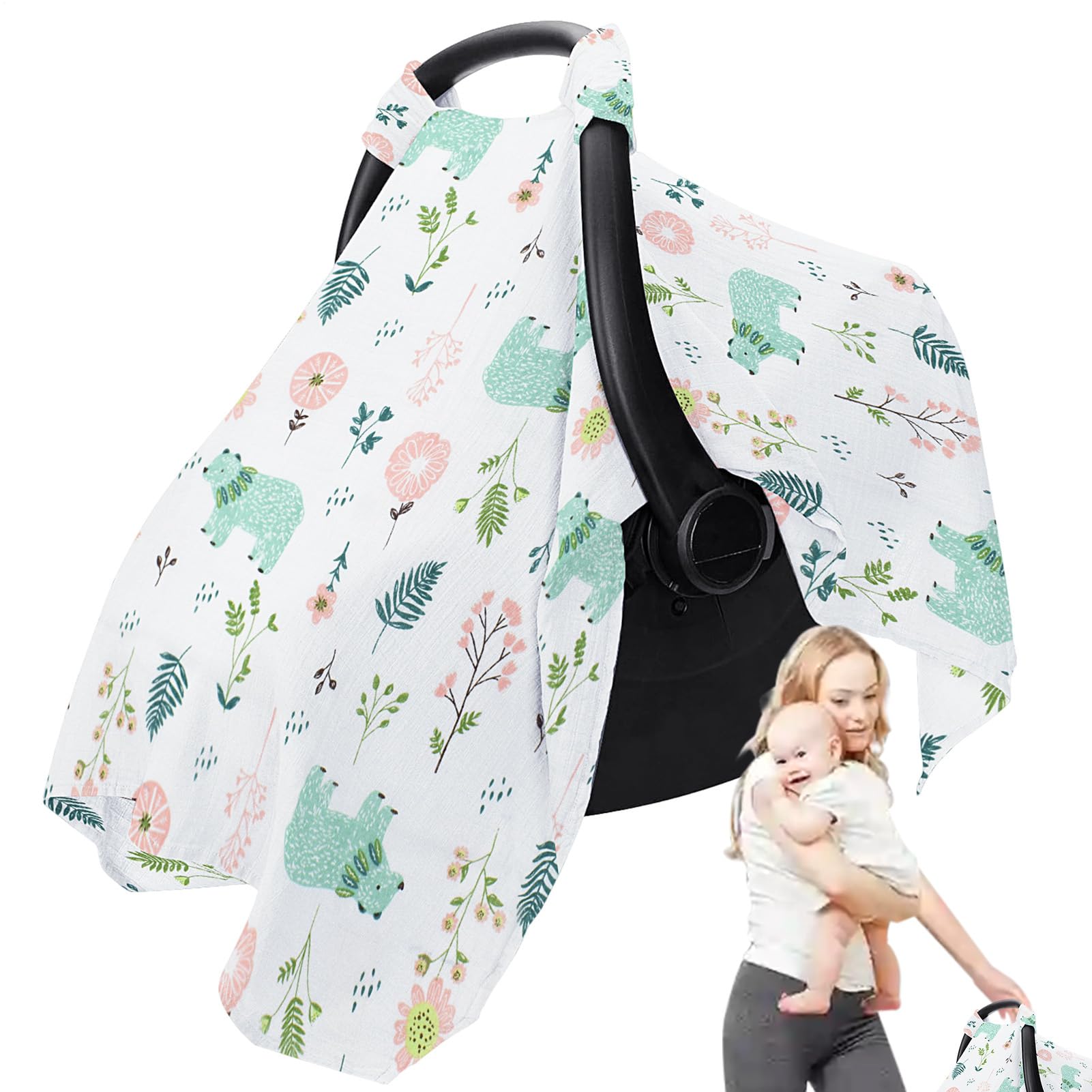 Kid Carseat Cover - Baby Stroller Sun Shade, Carrier Canopy | Breathable Muslin Cotton Car Seat Cover, Universall Fit for Girls & Boys, Dinosaur & Floral Design for Travel, Outdoor, Summer